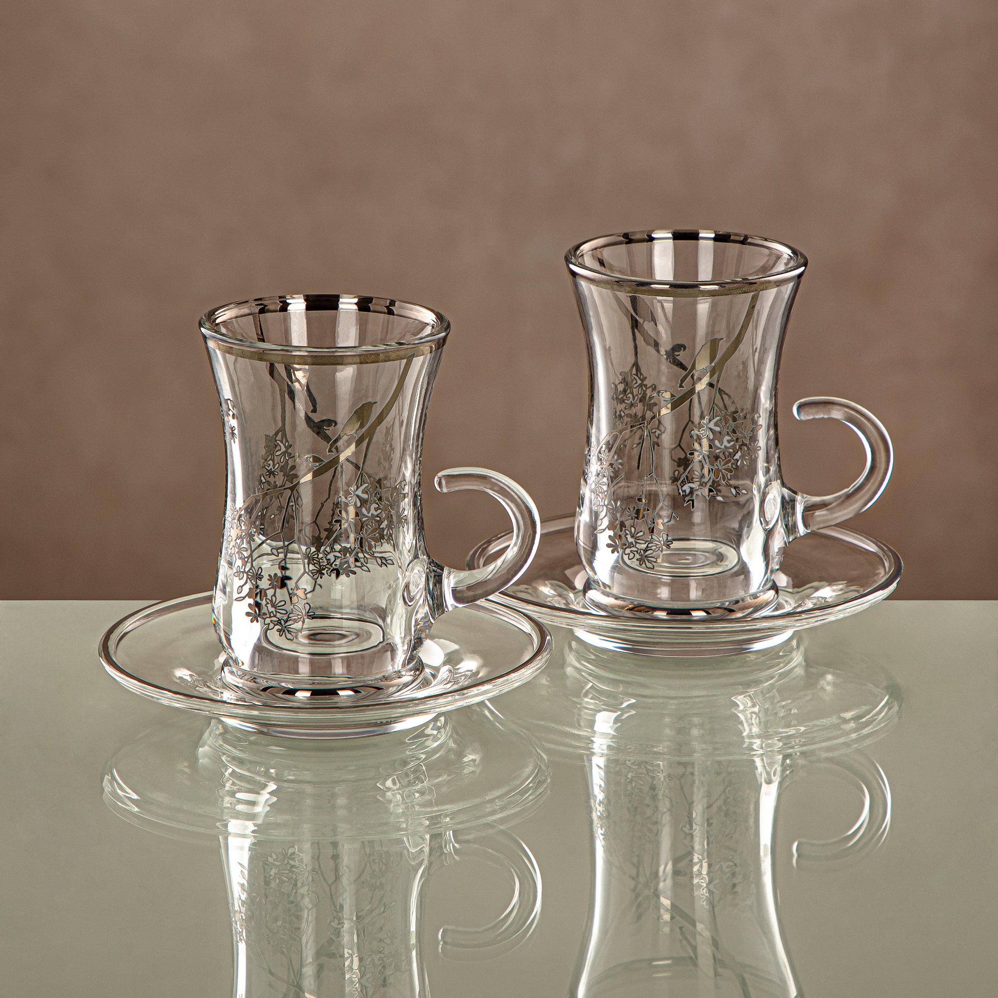 طقم فناجين وصحون شاي المرجان شفاف وفضي 6 قطع (1496BJ-0001P-XQZT-SIL) التجمعات، المناسبات الخاصة، رمضان، العيد