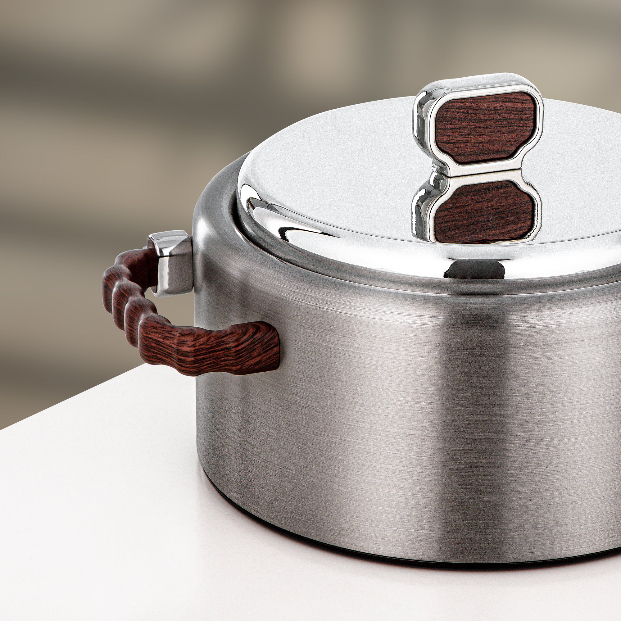 Almarjan 2 Pieces Hot Pot Set, Brushed Matt Silver & Dark Wood