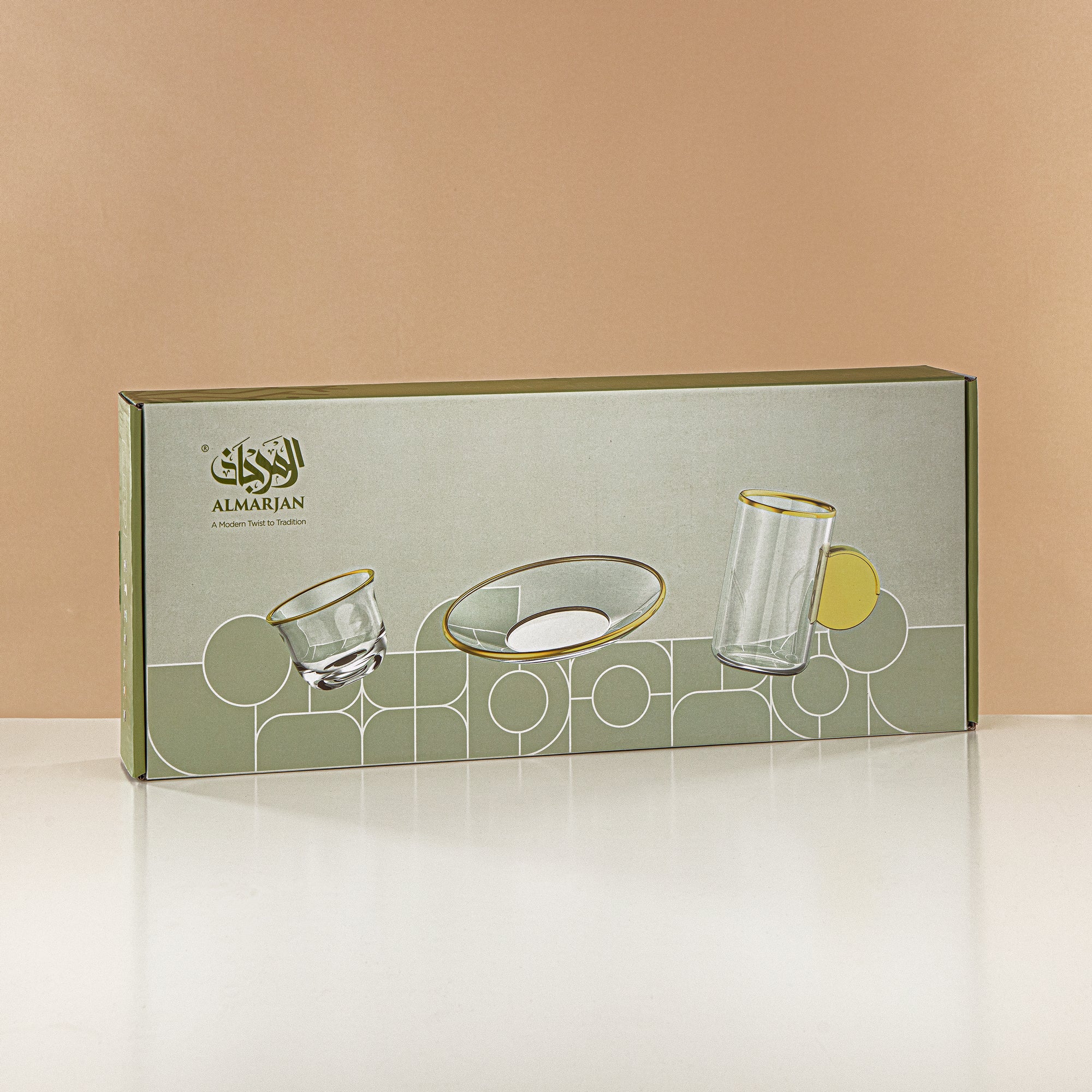 طقم شاي وقهوة المرجان 18 قطعة، زجاج، حافة ذهبية غير لامعة ومقبض (FB808-18 ALLMG) - أدوات تقديم أنيقة للشاي والقهوة