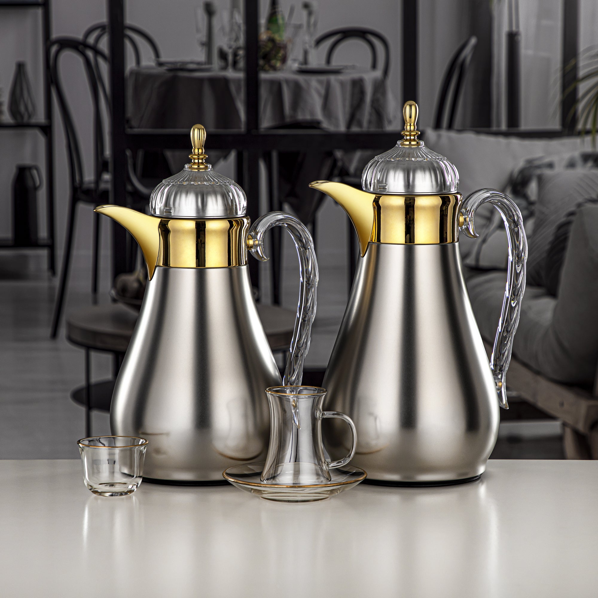 Almarjan Vacuum Flask Set 21 Pieces, Push Button, 0.7L + 1L, Matt Silver, Gold & Transparent (FG810-21 MC/G) - Elegant Vacuum Flask Sets