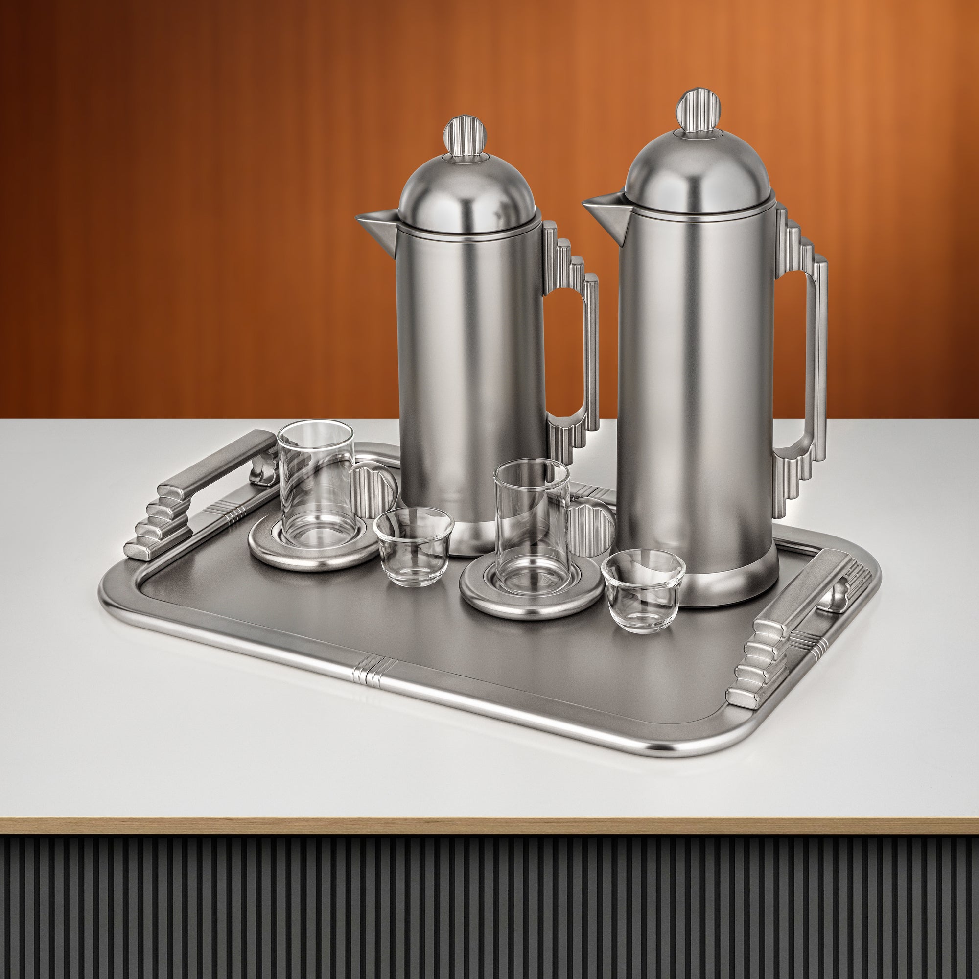 طقم شاي وقهوة المرجان 21 قطعة بلمسة نيكل مطفي