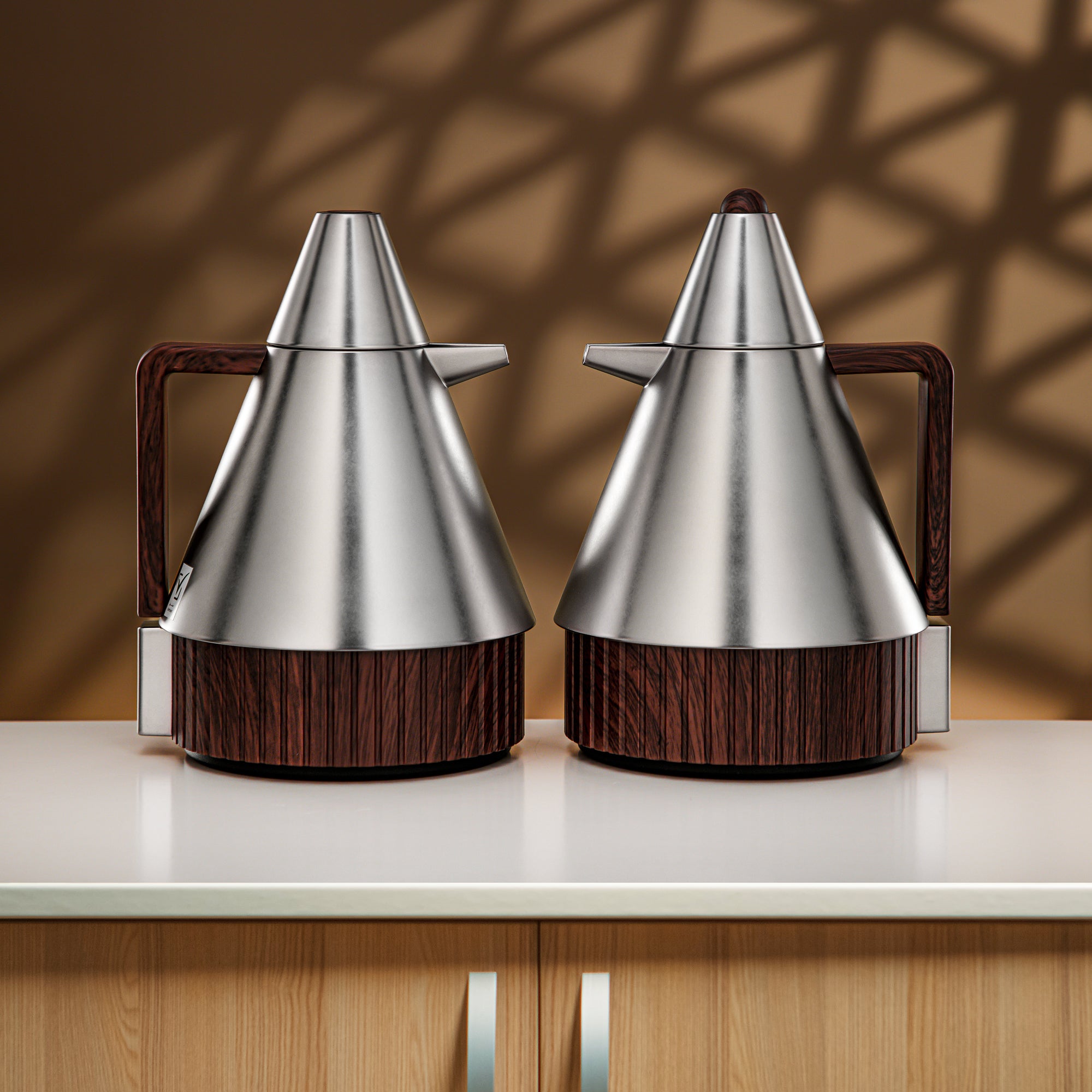 Almarjan Vacuum Flask Set 1L + 1L Matt Nickel & Dark Wood