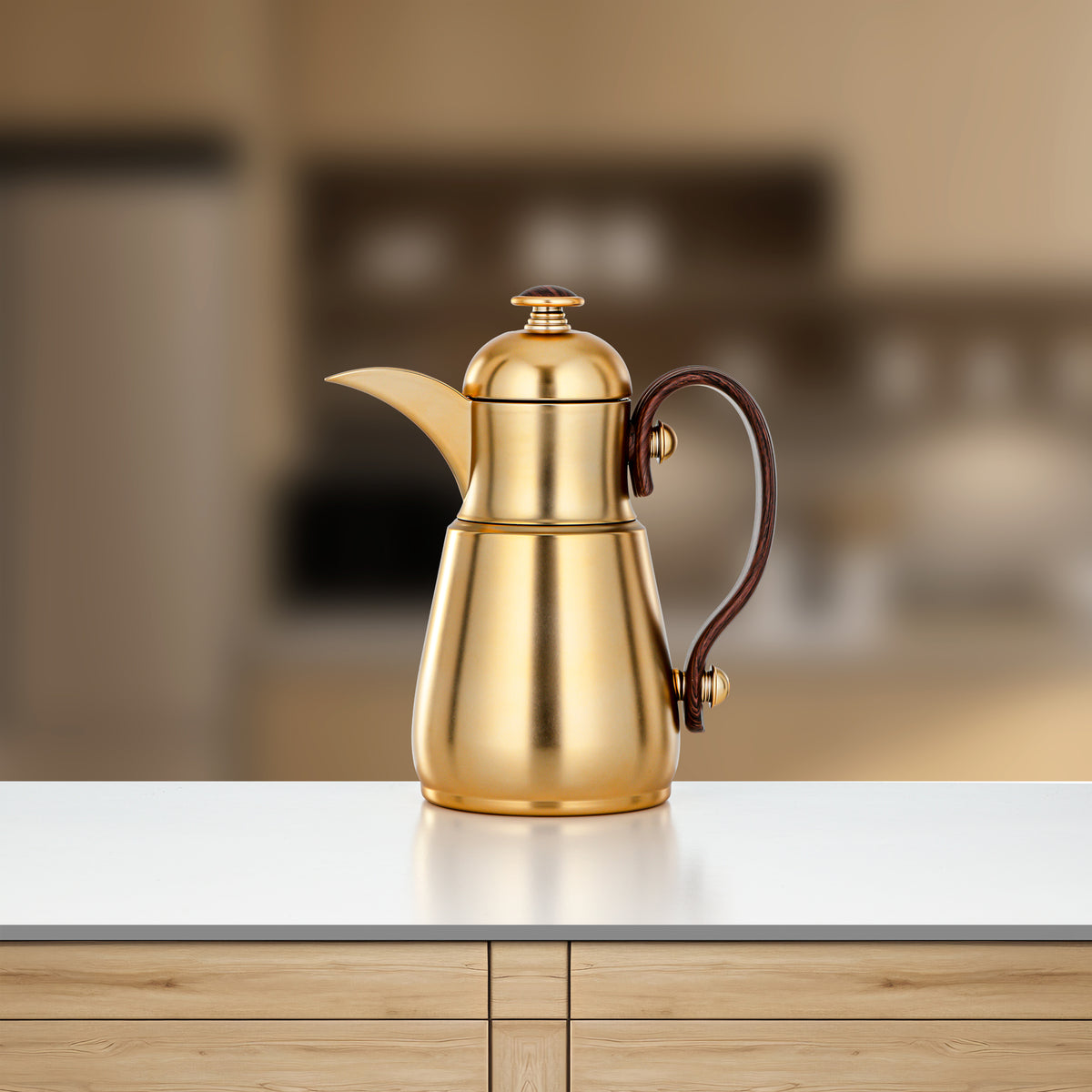 Almarjan Double Wall Vacuum Flask 0.5 Lit, Matt Gold & Dark Wood