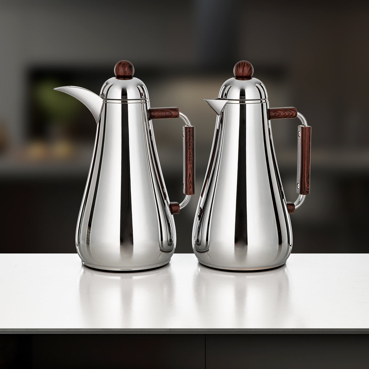 Almarjan 2 Pieces Vacuum Flask Set, Silver & Dark Wood