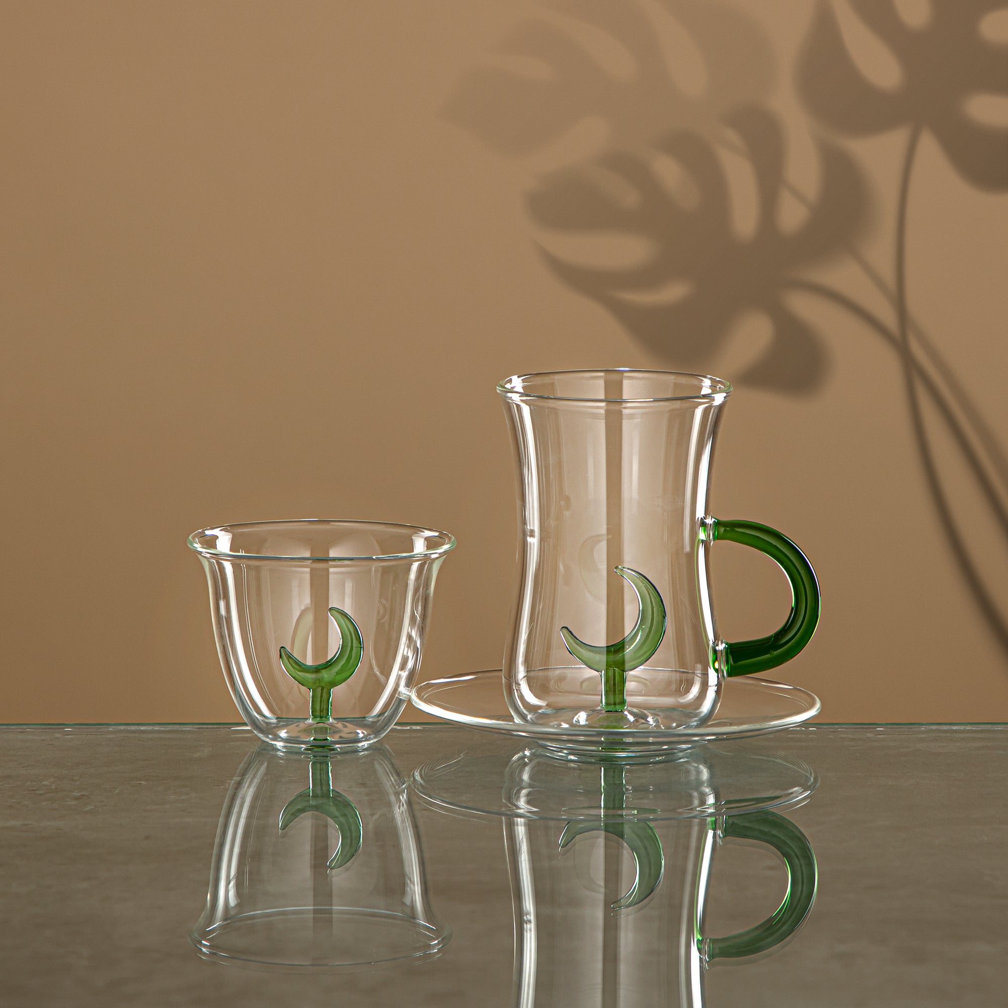 Almarjan Tea & Coffee Set 18 Pieces, Borosilicate Glass, Clear & Green (GLS0010172) - Moonrise Collection