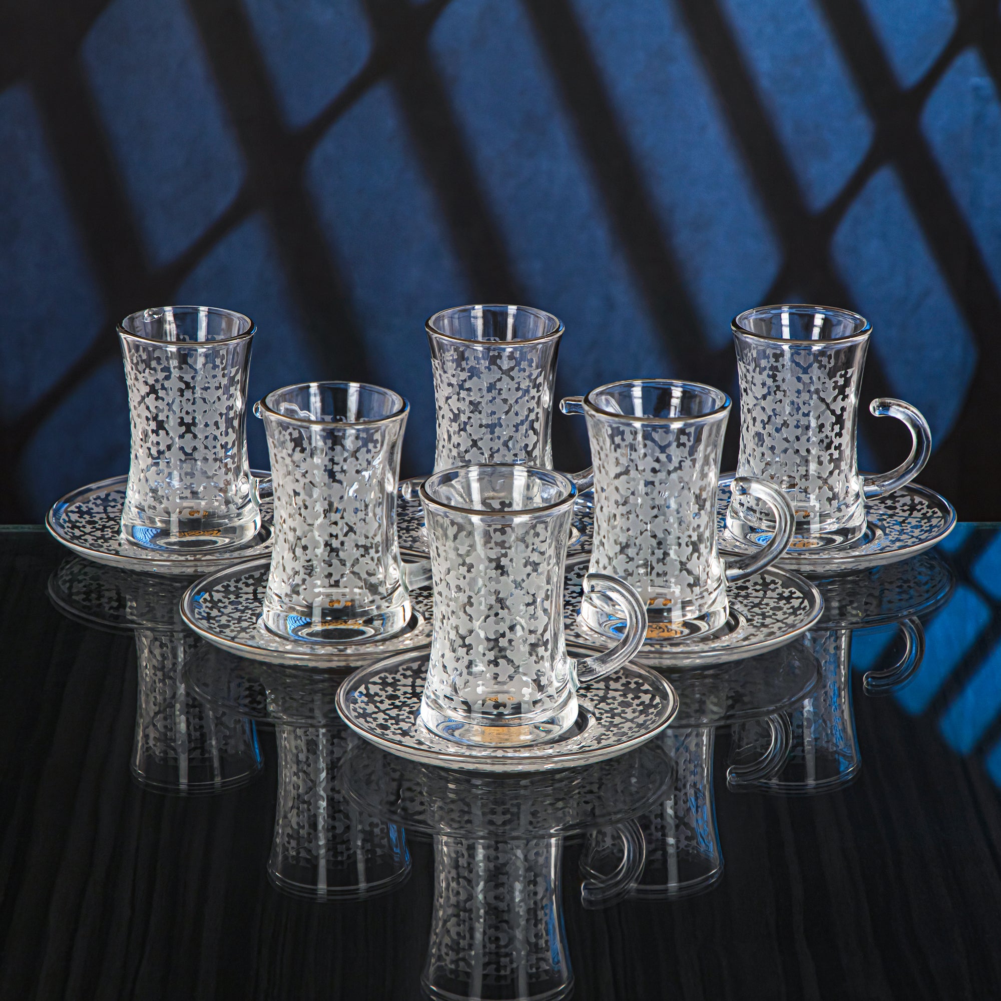 Almarjan 18 Pieces Zelij Collection Glass Tea & Coffee Set With Silver Rim - GLS2630033