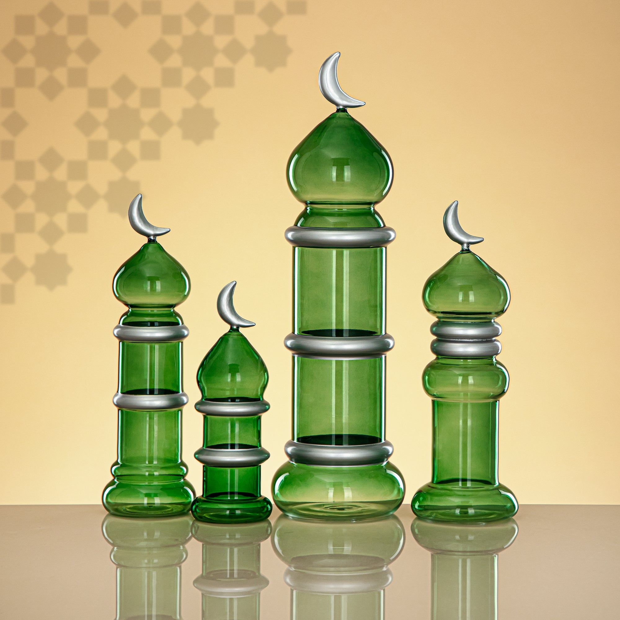 Almarjan Minaret Table Decoration 24cm x 8cm Transparent Green with Silver Lines & Crescent Moon – Noor Al Layali