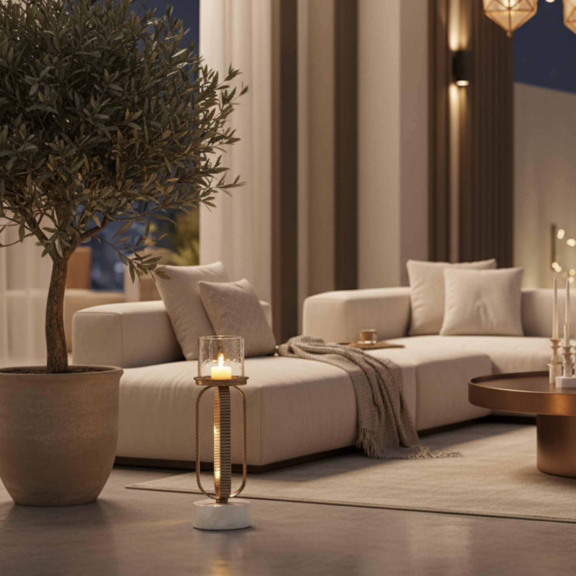 Almarjan Pillar Candle Holder 34cm Champagne Gold