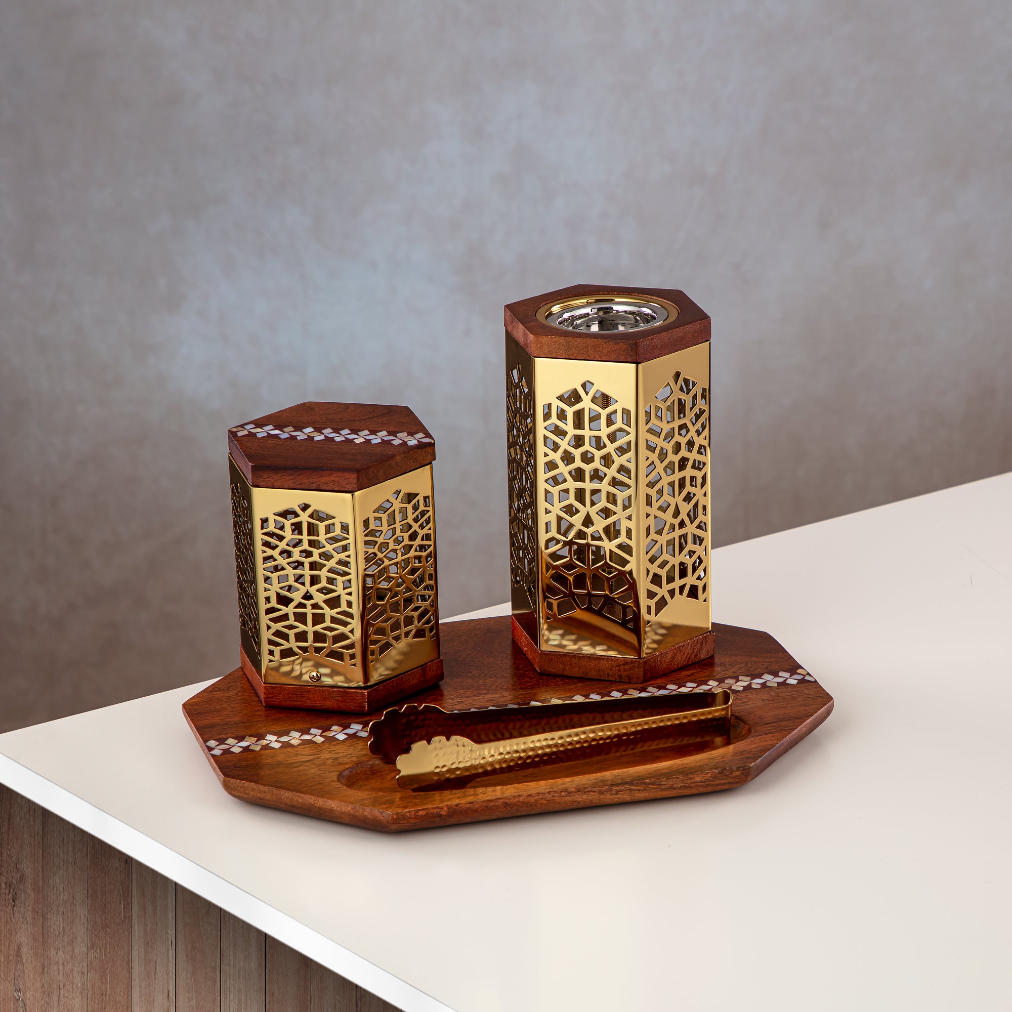 Almarjan 4 Pieces Incense Burner Set Wood & Gold - MD-266 B