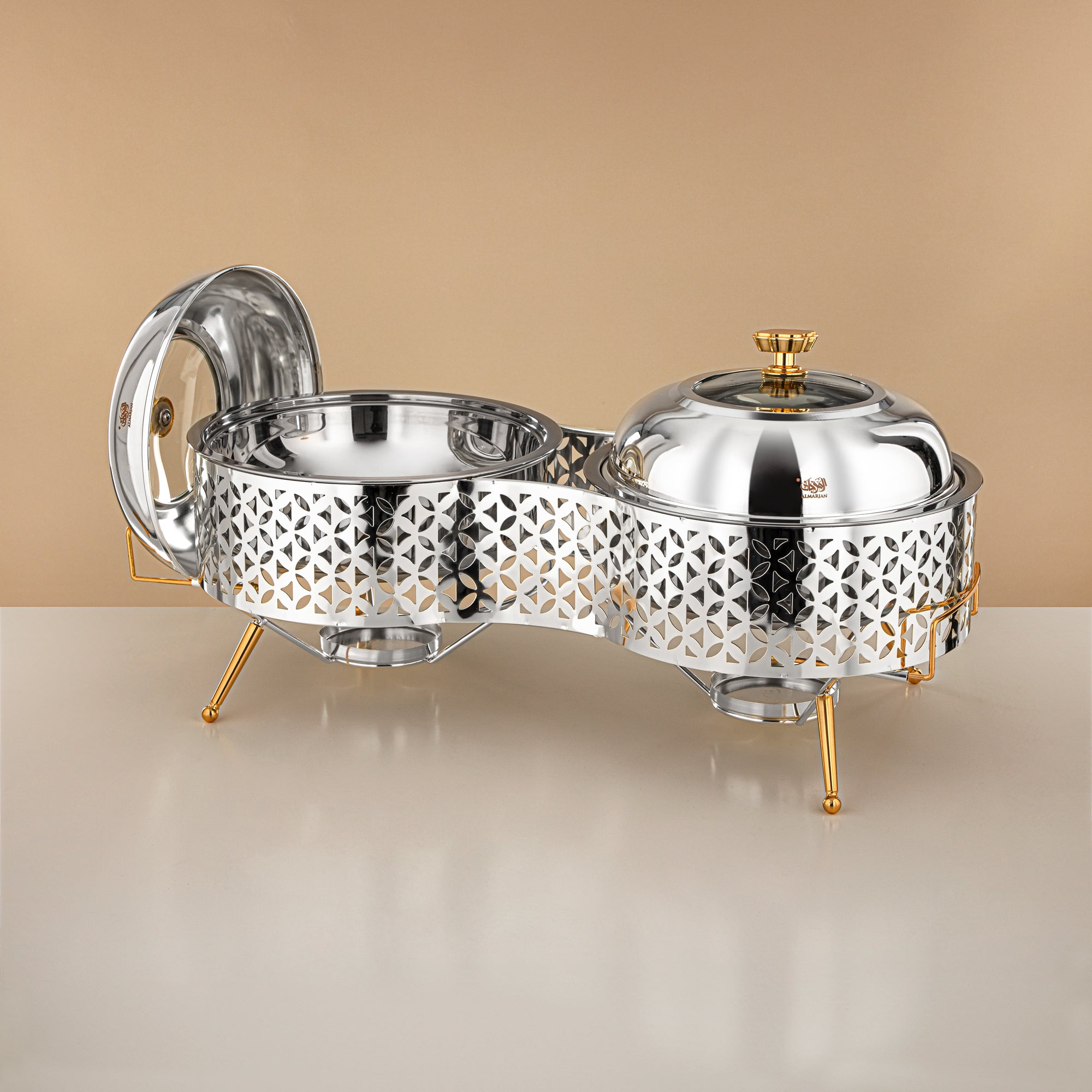Almarjan Chafing Dish Double, Silver & Gold, 2000ML + 2000ML (STS0013316) Ramadan & Eid Buffets