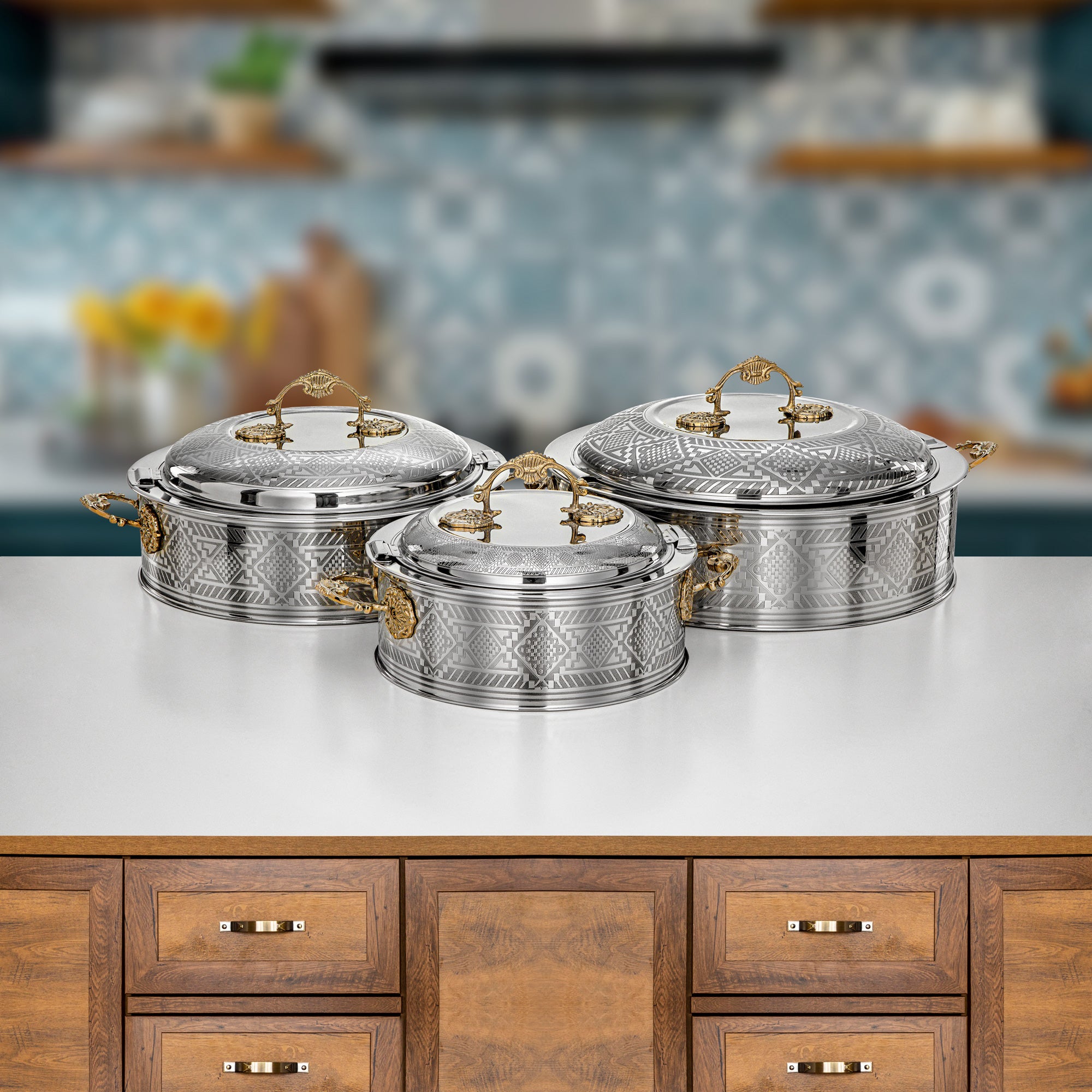 Almarjan Hot Pot Set 3 Pieces Silver & Gold - Areej Collection