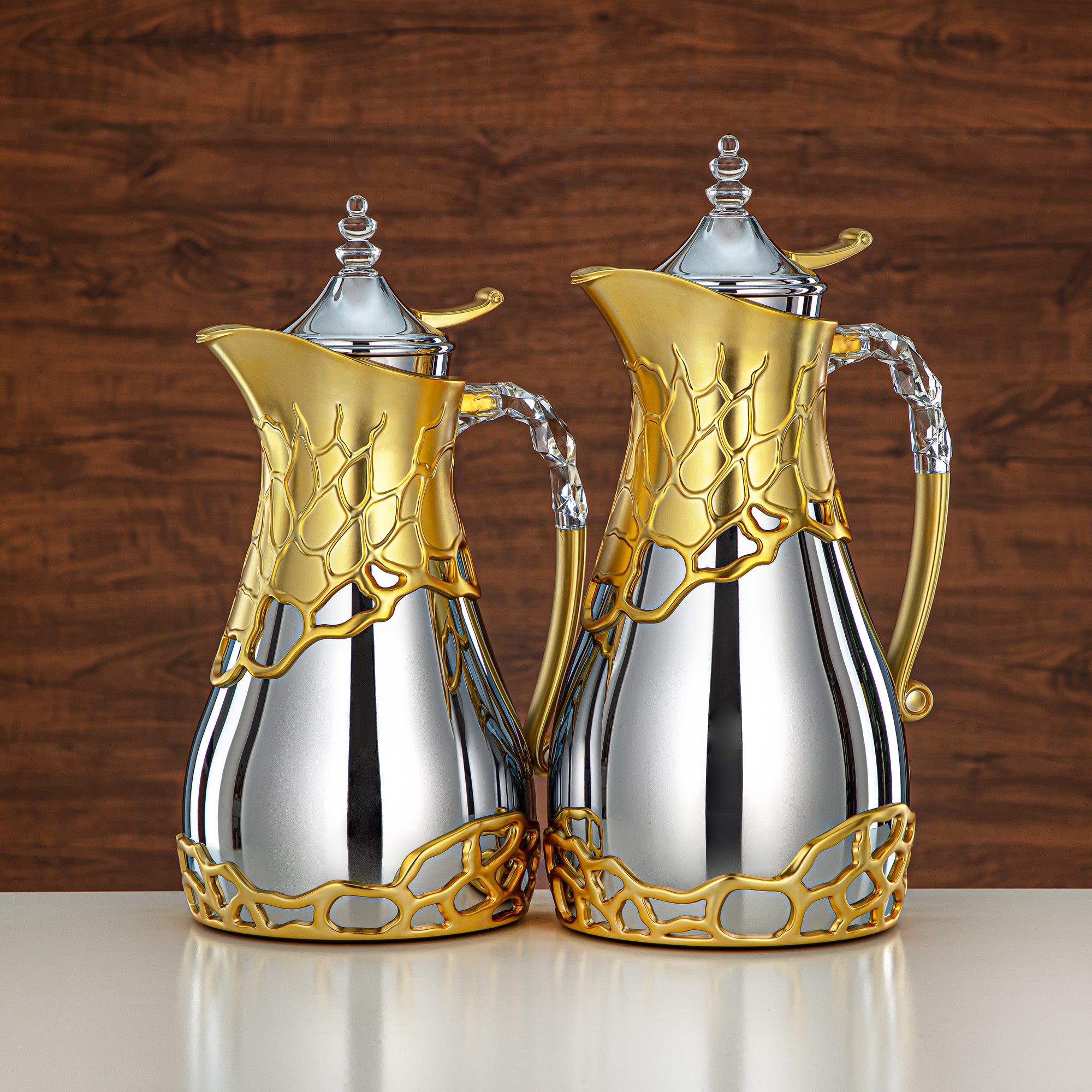 Almarjan Vacuum Flask Set Metal Body 0.7L & 1L ABS & Acrylic Handle (VBC-0700/1000 CE22) – Silver & Matt Gold Tea & Coffee Serving