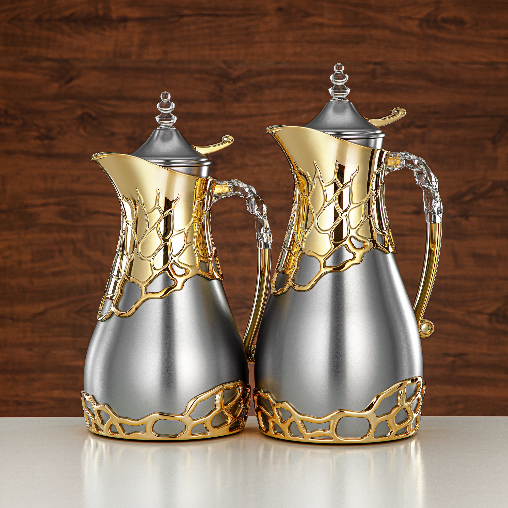 Almarjan Vacuum Flask Set Metal Body 0.7L & 1L ABS & Acrylic Handle (VBC-0700/1000 E23C95) – Matte Silver & Gold Tea & Coffee Serving