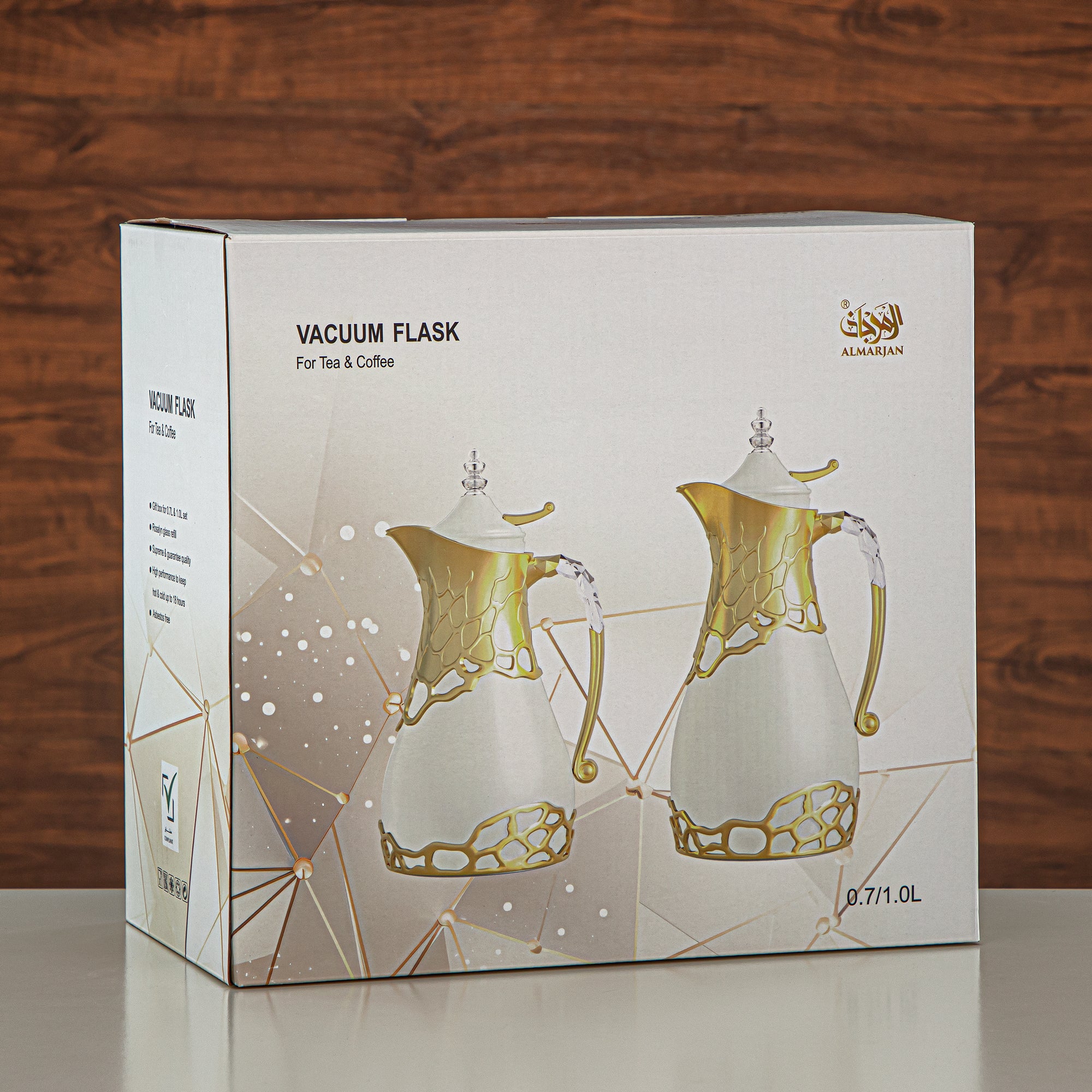 Almarjan Vacuum Flask Set Metal Body 0.7L & 1L ABS & Acrylic Handle (VBC-0700/1000 C) – Full Silver Tea & Coffee Serving