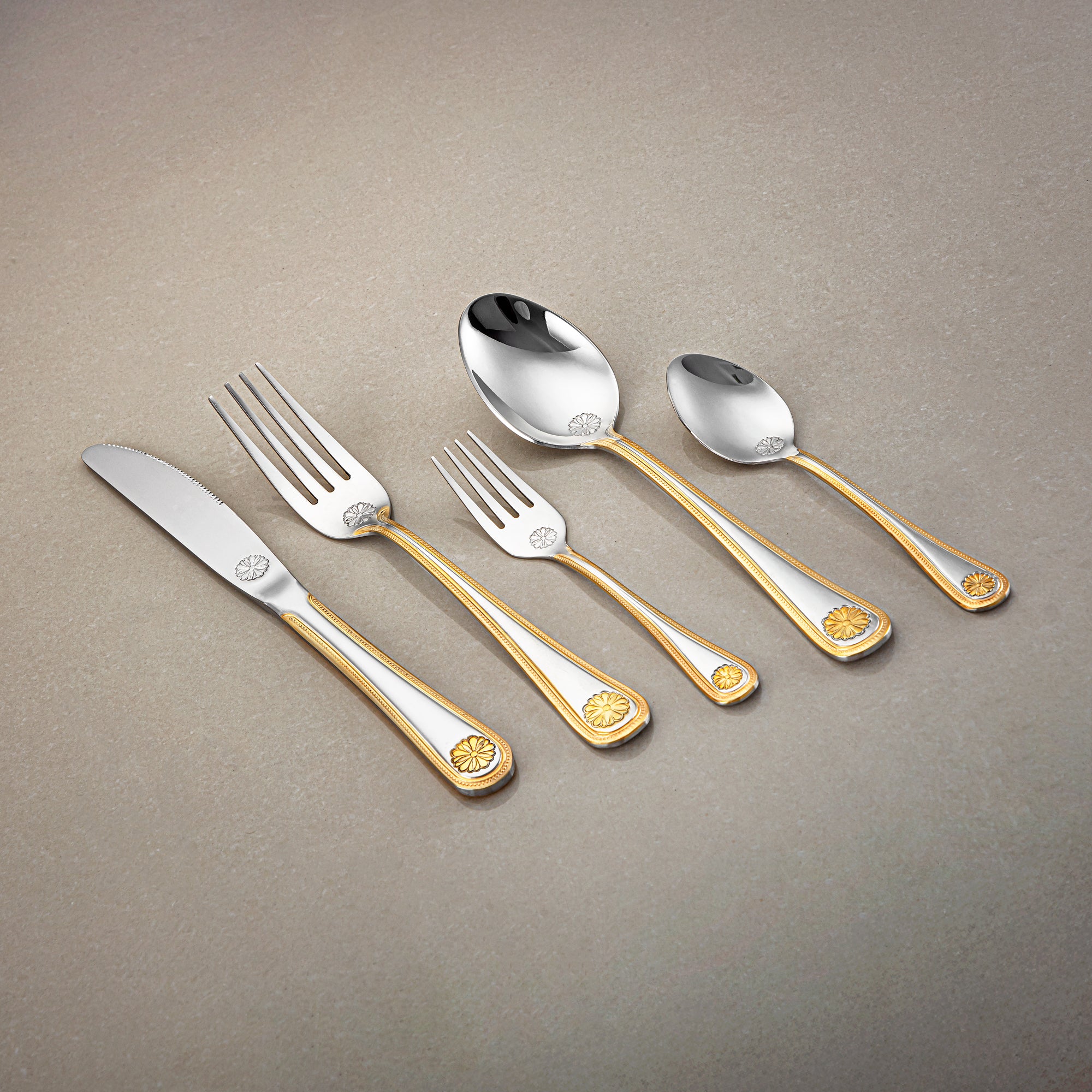 Almarjan Cutlery Set 32 Pieces, Stainless Steel, With Stand, Silver & Gold (CUT0010358) Elegant Cutlery Set