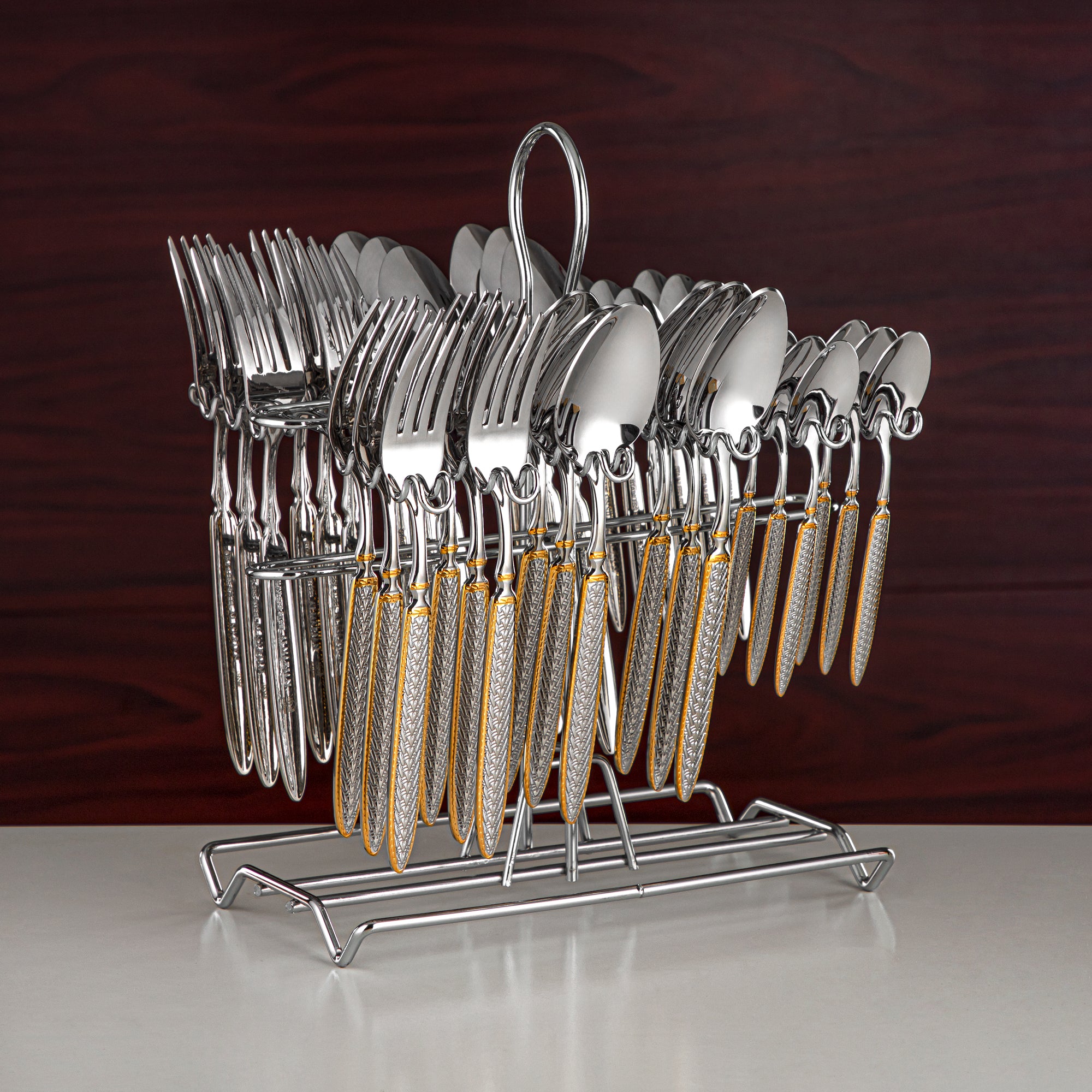 Almarjan Cutlery Set 36 Pieces, Stainless Steel, With Stand, Silver & Gold (CUT0010443) Elegant Cutlery Set