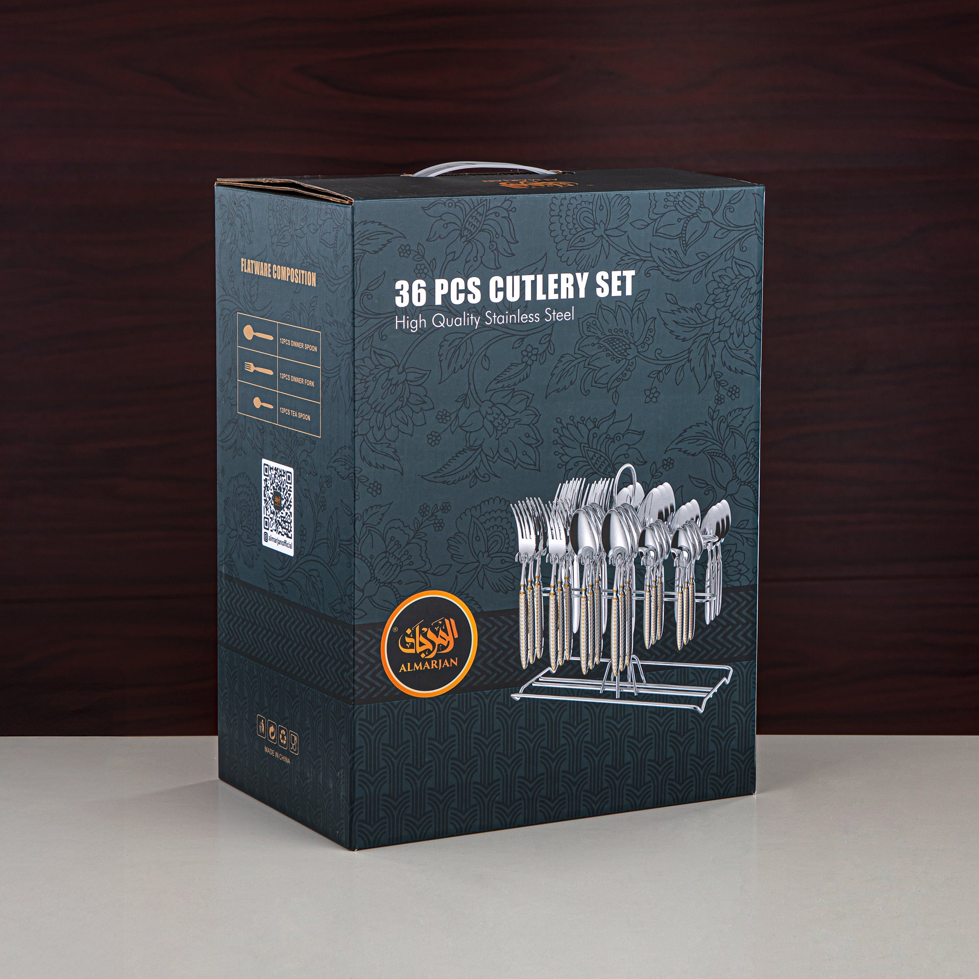 طقم أدوات مائدة المرجان 36 قطعة، ستانلس ستيل، مع حامل، فضي وذهبي (CUT0010444) طقم أدوات مائدة أنيق