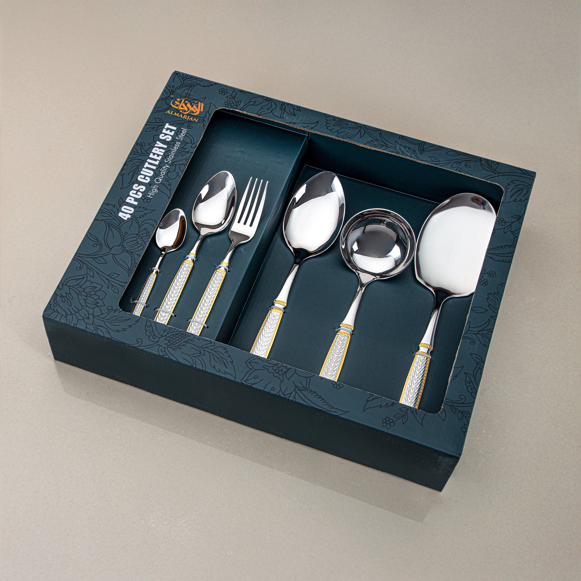 Almarjan Cutlery Set 40 Pieces, Stainless Steel, Silver & Gold (CUT0010467) Elegant Cutlery Set