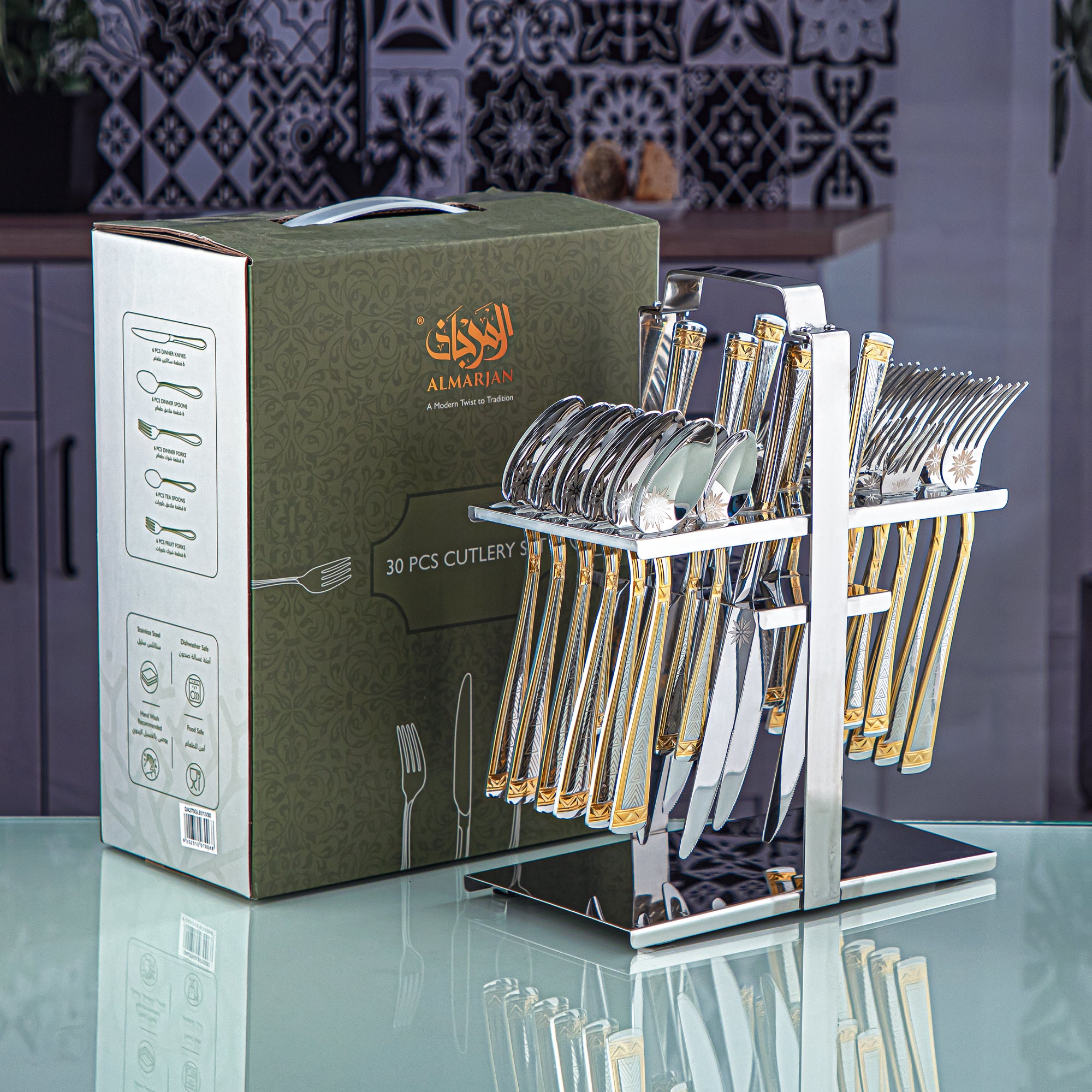 Almarjan 30 Pieces Stainless Steel Cutlery Set With Holder Silver & Gold - DA004GLE013/30