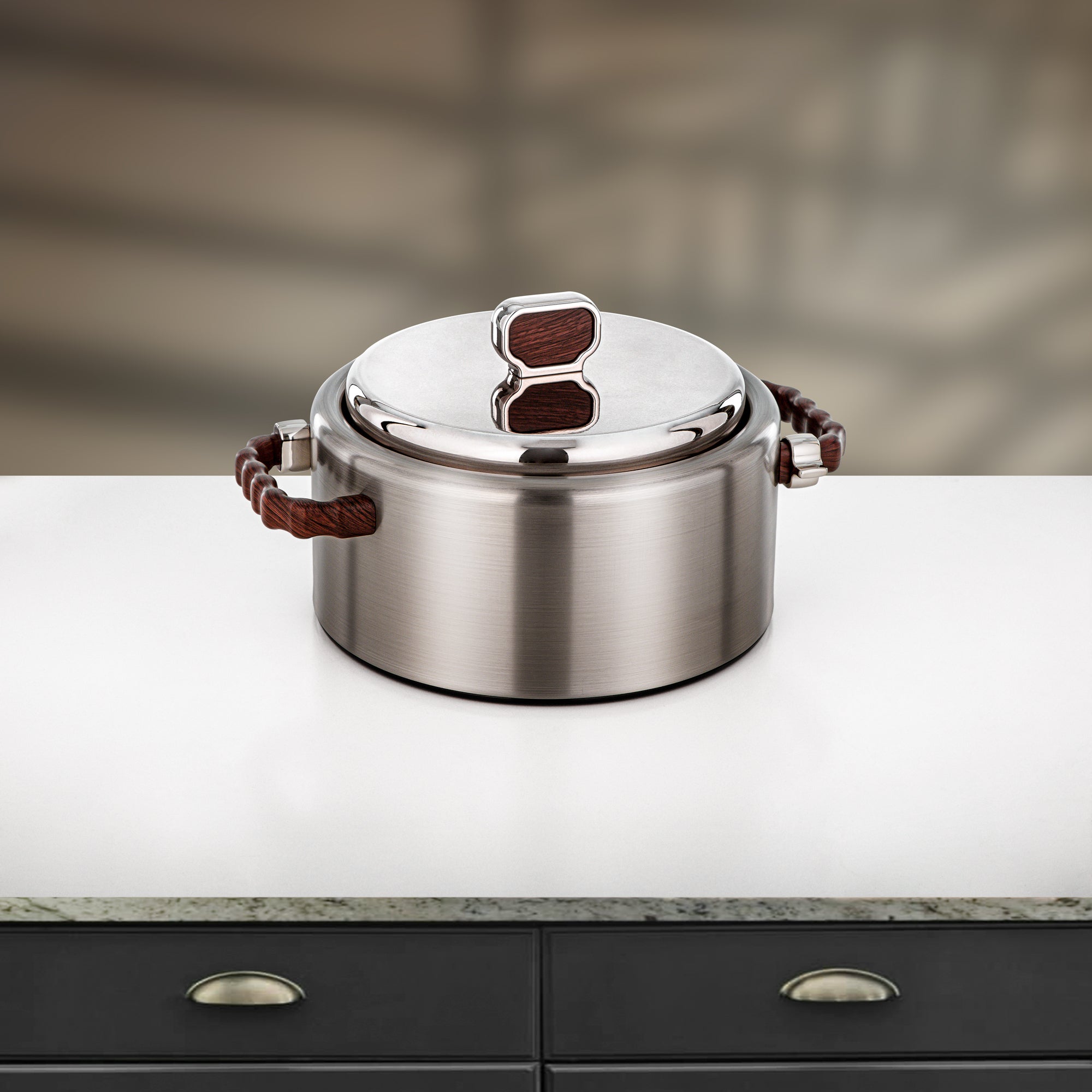 Almarjan 2 Pieces Hot Pot Set, Brushed Matt Nickel & Dark Wood