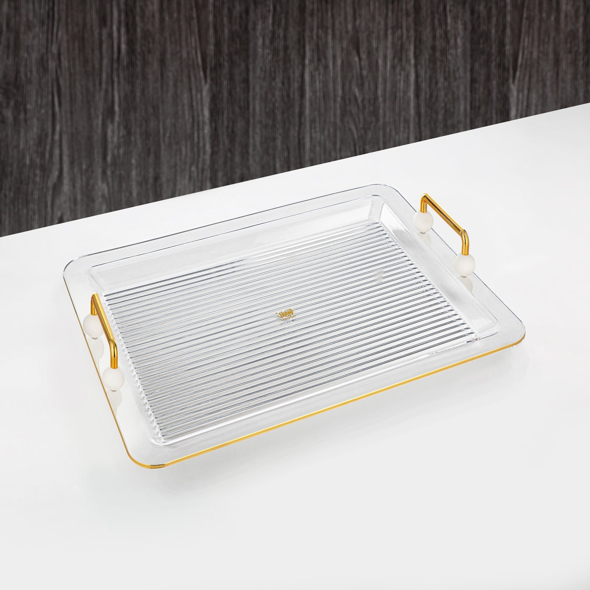 Almarjan Serving Tray 55CM, Acrylic, Gold & Pearl White Handle (FB03-550 PW/G) Ramadan Serveware