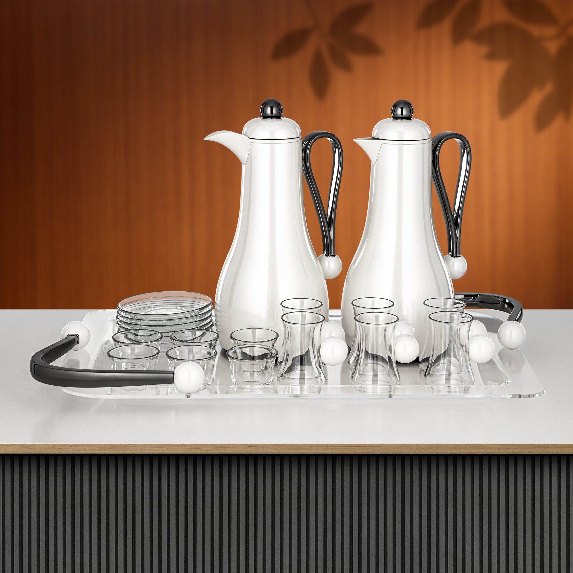 Almarjan Tea & Coffee Set 21 Pieces Pearl White & Gun Black