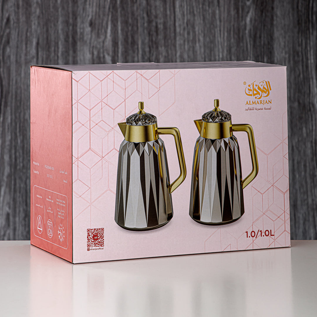 ألمرجان طقم ترامس - 1 لتر + 1 لتر، ABS، رخام أبيض لؤلؤي وفضي، تشطيب مرآة | FG209AB-100 WM/C