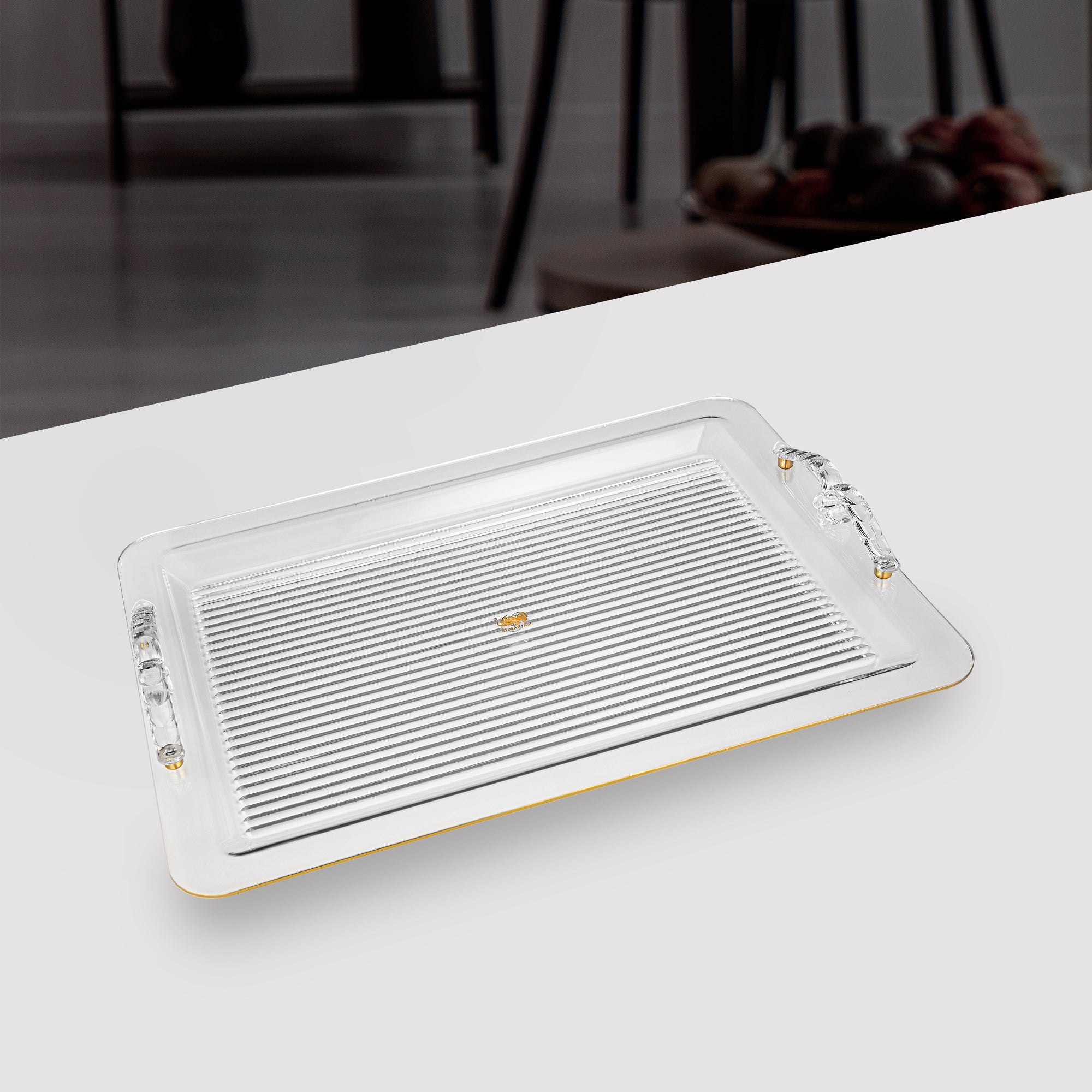 Almarjan Serving Tray 55CM, Acrylic, Gold & Transparent Handle (FG810T-550 ALLG) - Elegant Serveware