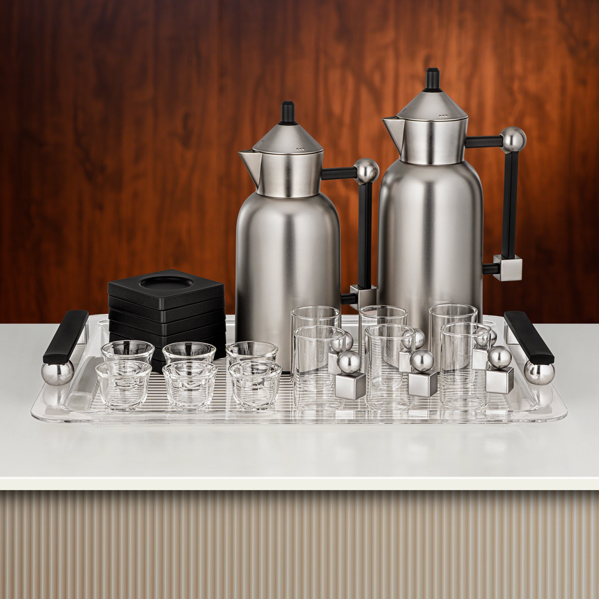 طقم شاي وقهوة المرجان ٢١ قطعة بلون النيكل المطفي والأسود