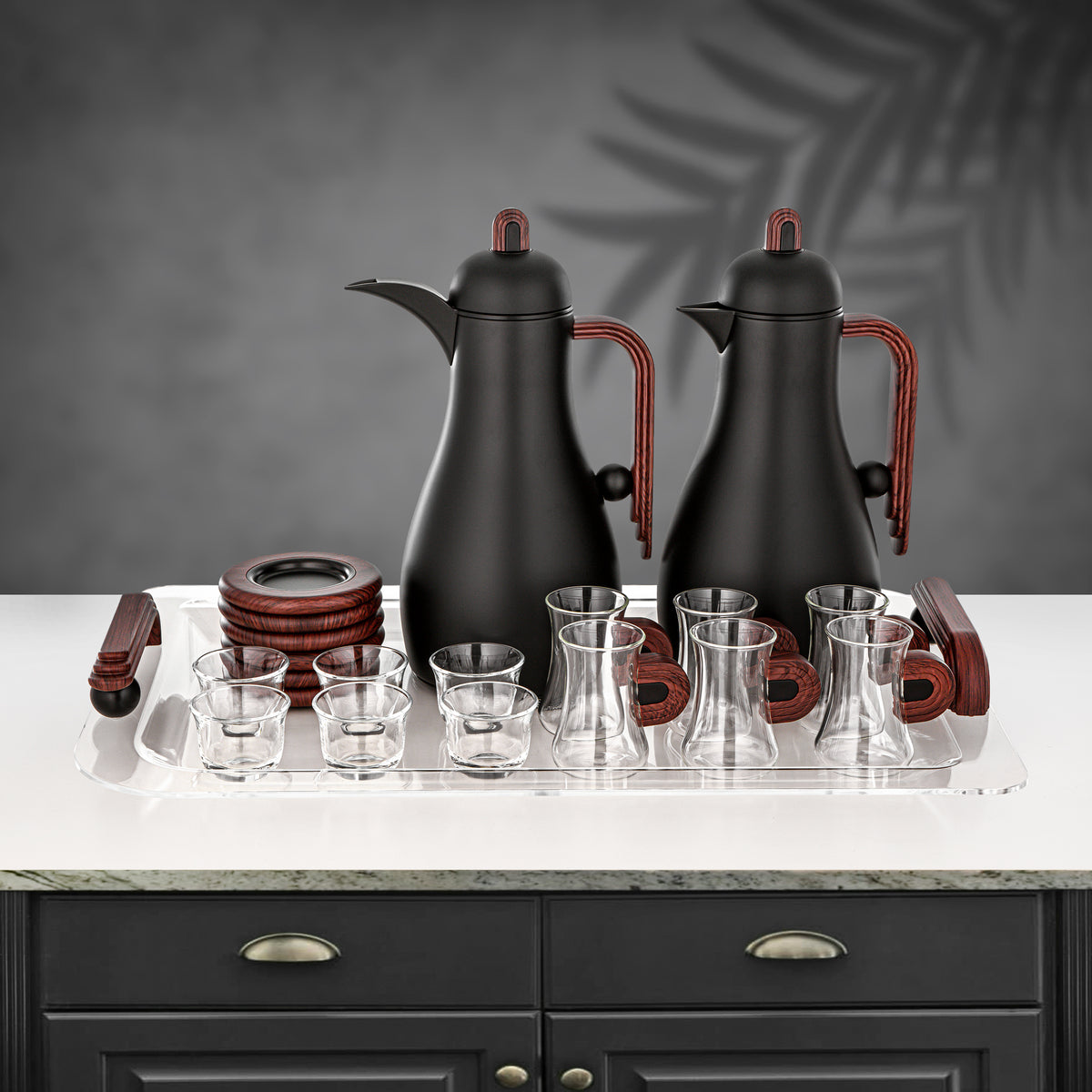 Almarjan 21 Pieces Serving Set, Black & Dark Wood