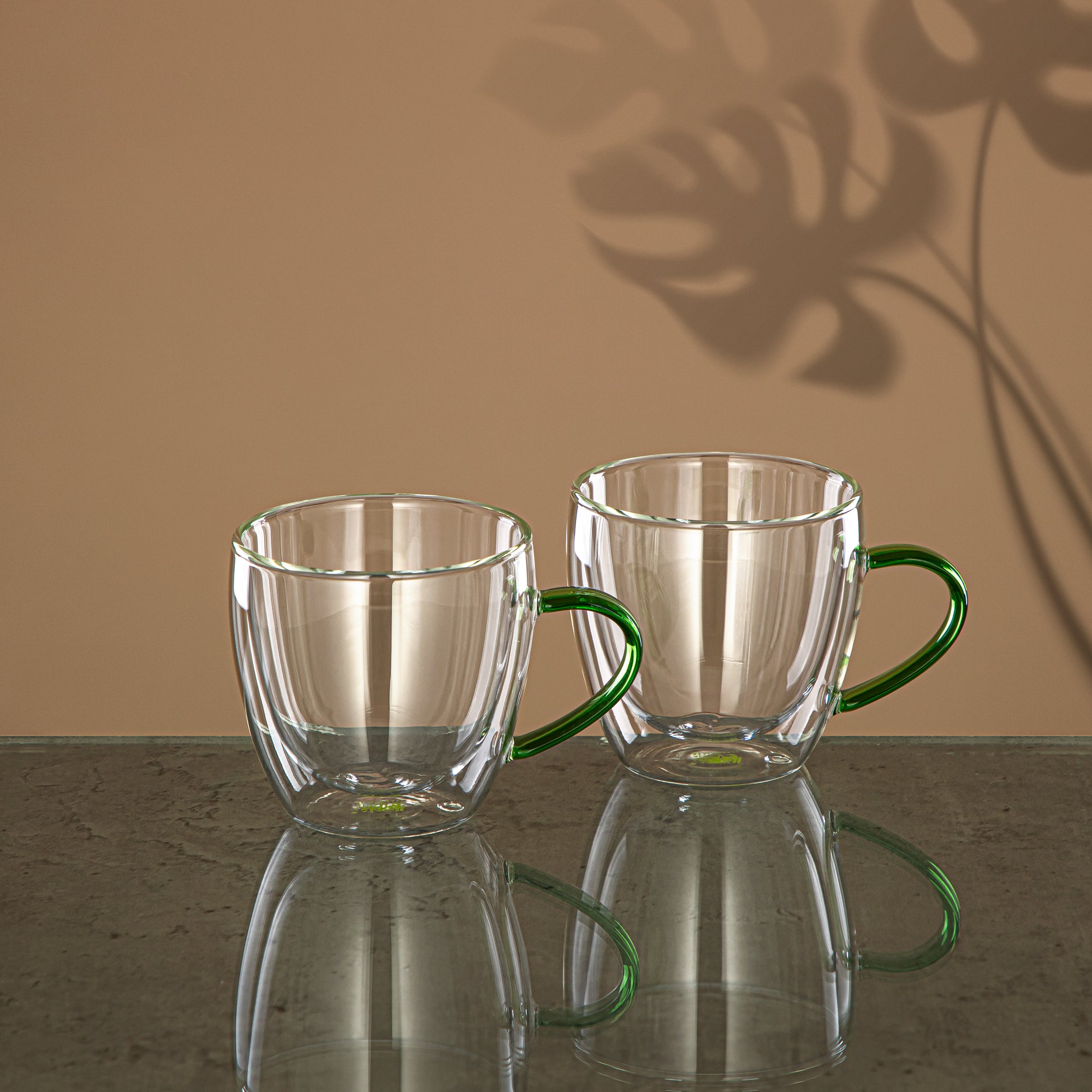 Almarjan Café Latte Cup Set 2 Pieces, Double Wall Borosilicate Glass, 200ML, Clear & Green (GLS0010157) - Elegant Serveware