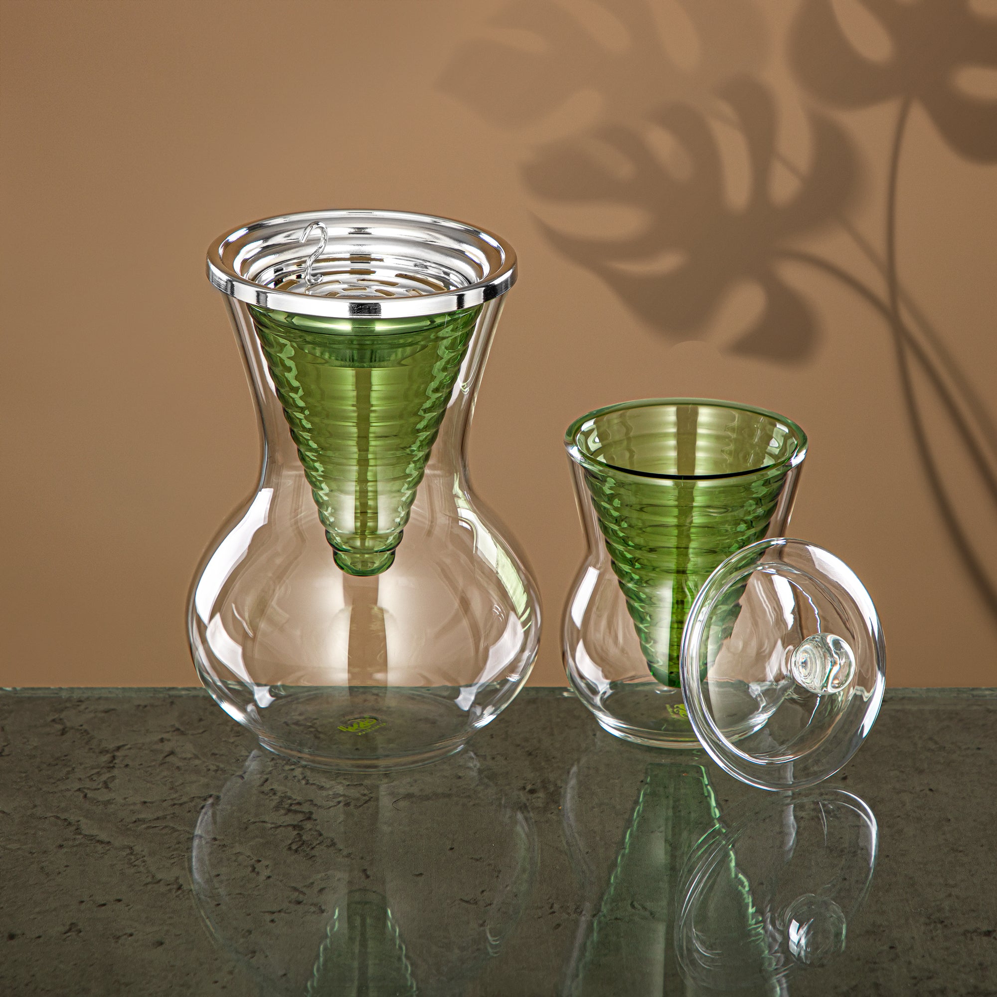 Almarjan Incense Burner Set 2 Pieces, Borosilicate Glass, Clear & Green (GLS0010166) - Oud Burner