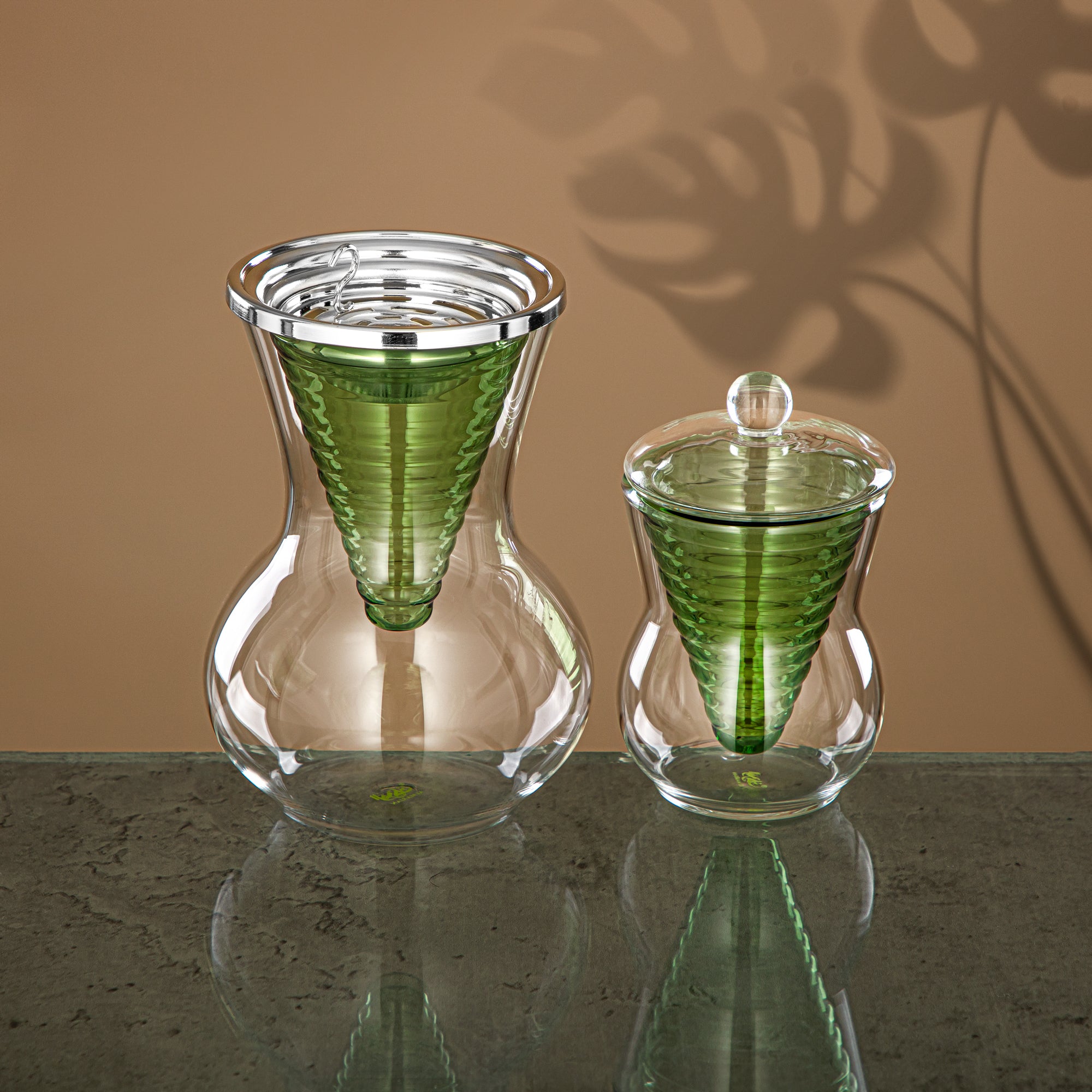 Almarjan Incense Burner Set 2 Pieces, Borosilicate Glass, Clear & Green (GLS0010166) - Oud Burner