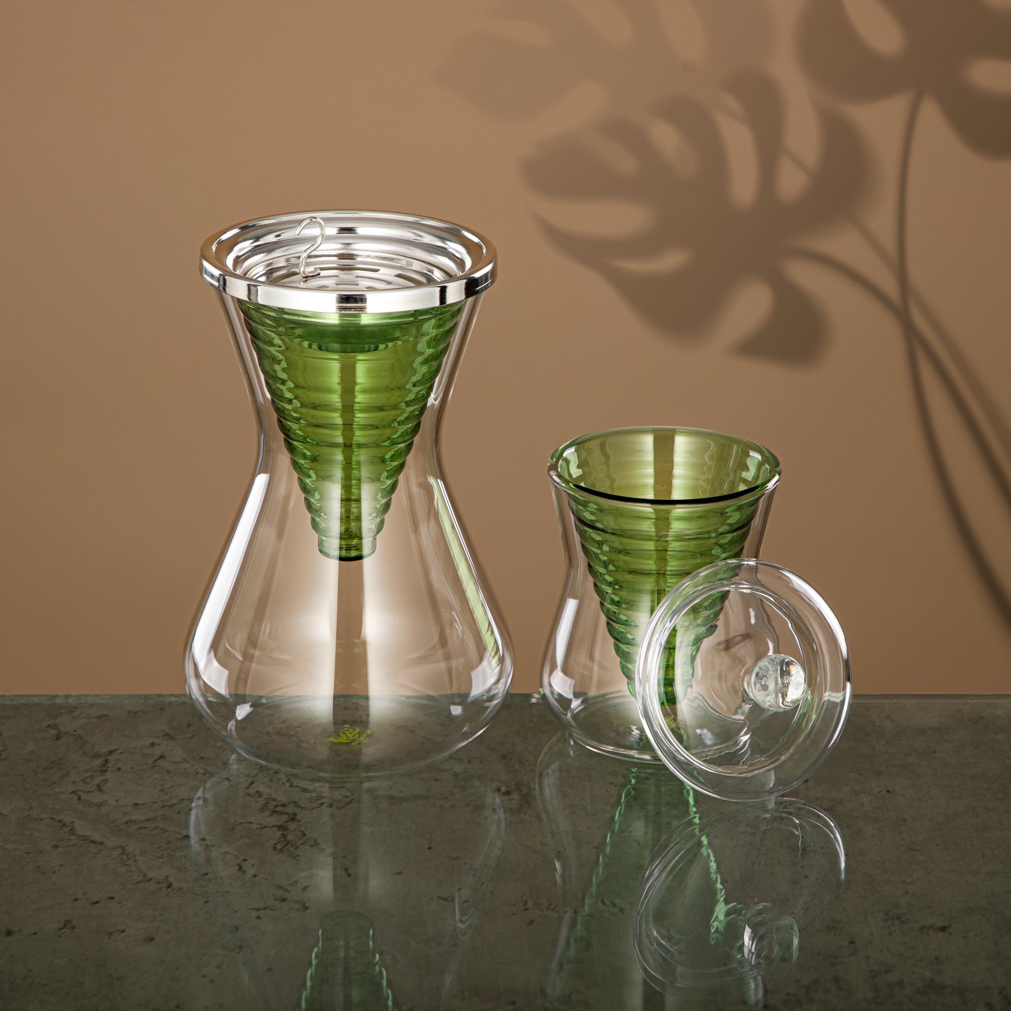 Almarjan Incense Burner Set 2 Pieces, Borosilicate Glass, Clear & Green (GLS0010169) - Oud Burner