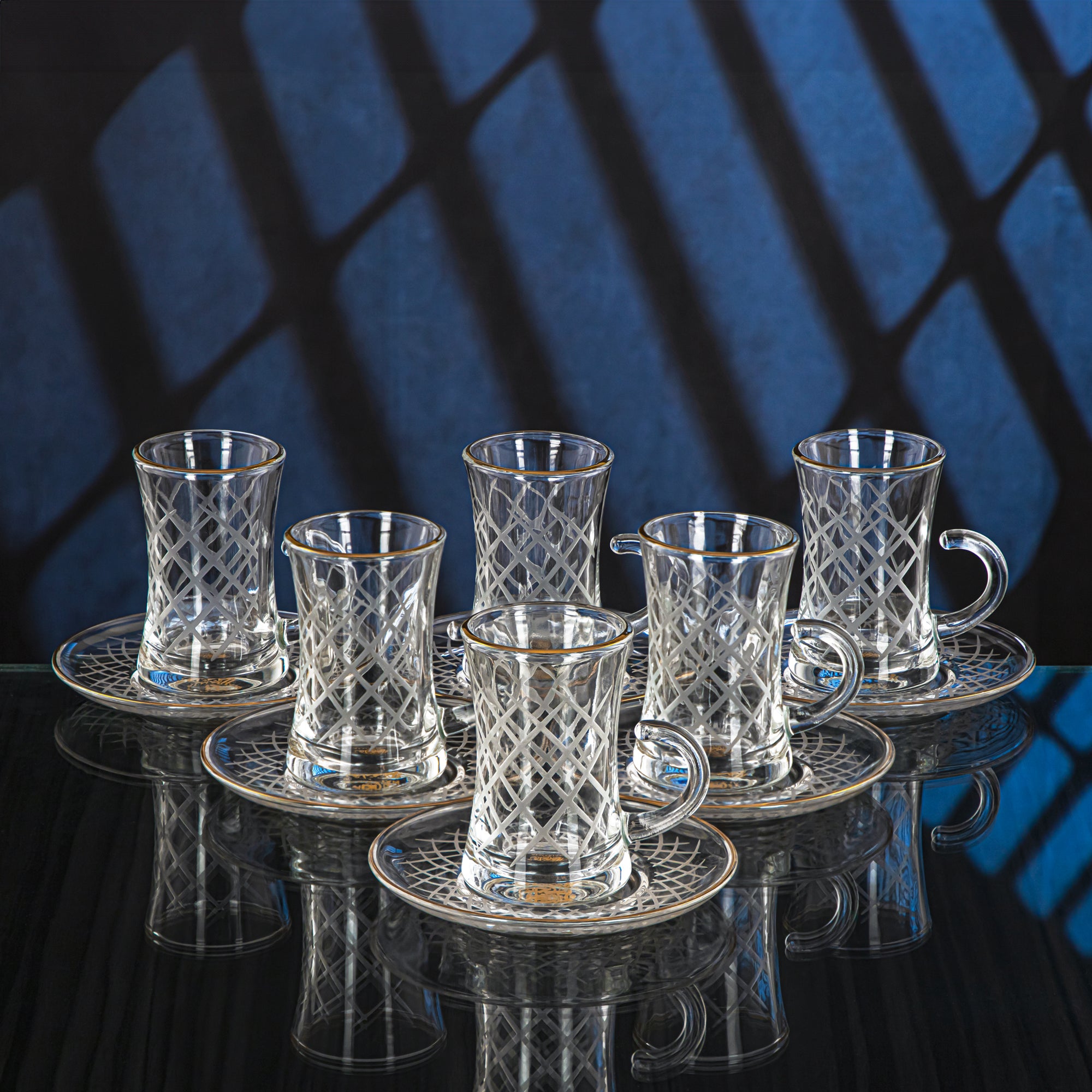 Almarjan 18 Pieces Diamond Collection Glass Tea & Coffee Set With Golden Rim - GLS2630018