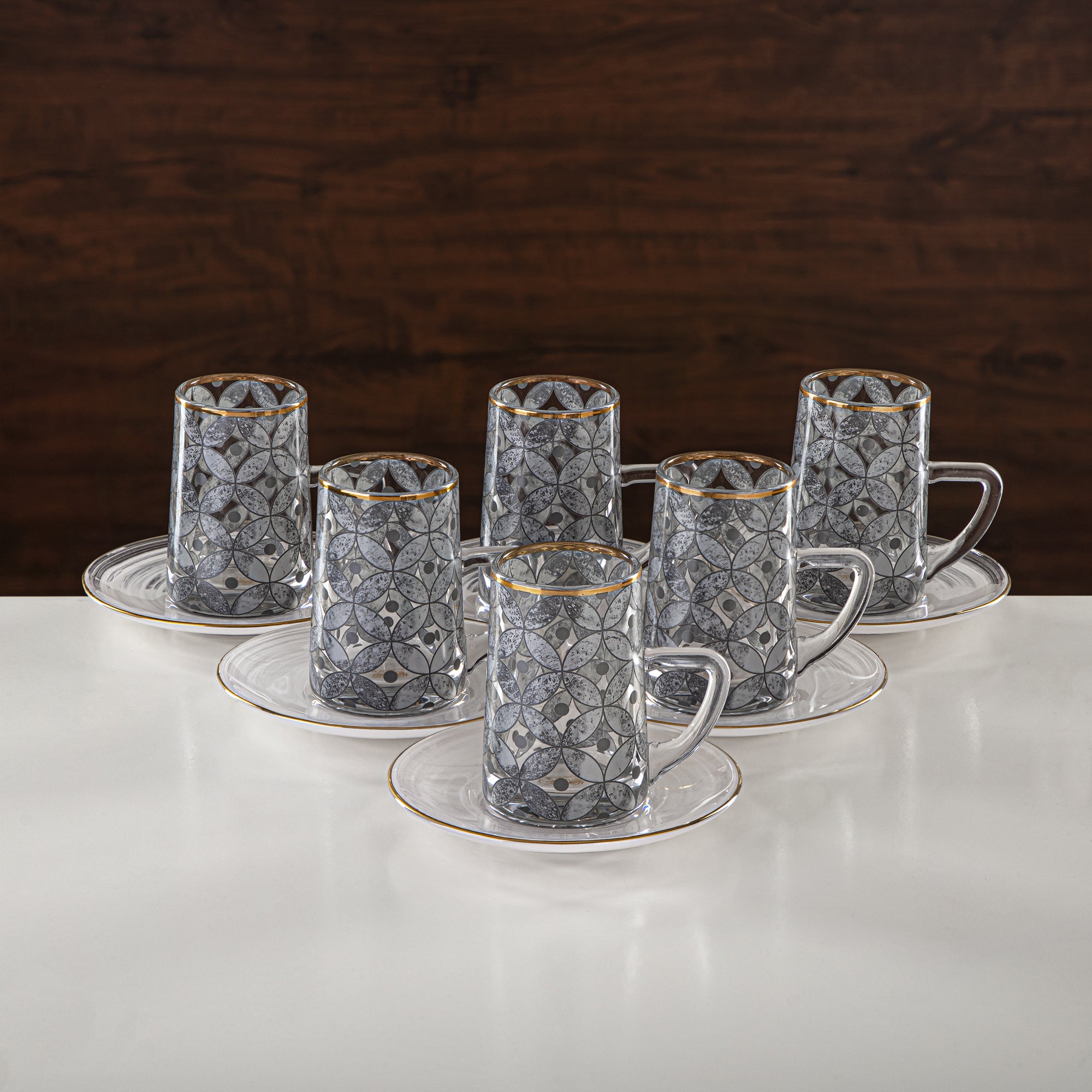 Almarjan Tea & Coffee Set 18 Pieces, Glass, Gold Rim (GLS2630058) - Chich Serveware