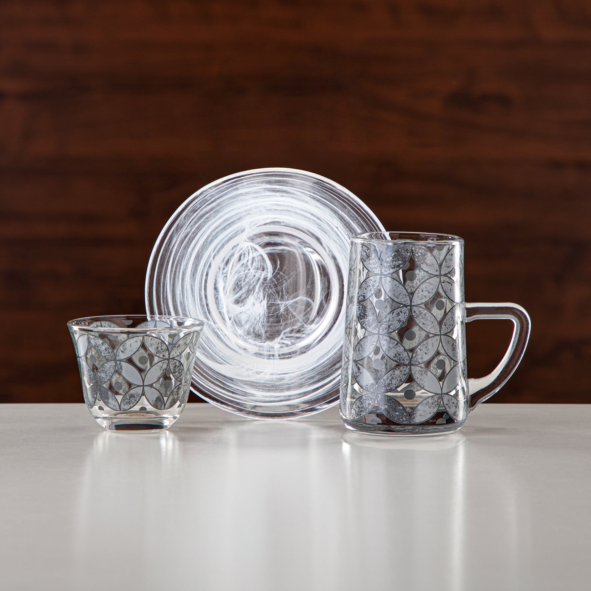 Almarjan Tea & Coffee Set 18 Pieces, Glass, Silver Rim (GLS2630059) - Chich Serveware