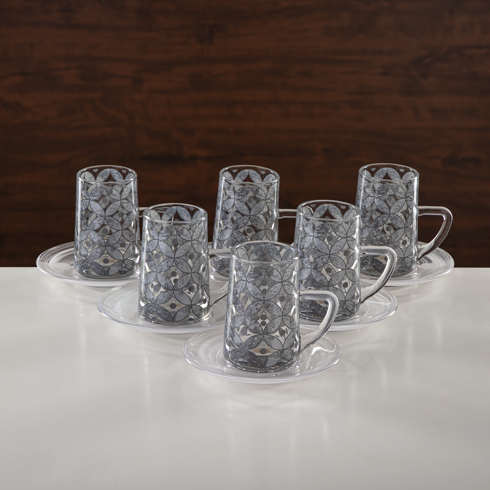 Almarjan Tea & Coffee Set 18 Pieces, Glass, Silver Rim (GLS2630059) - Chich Serveware