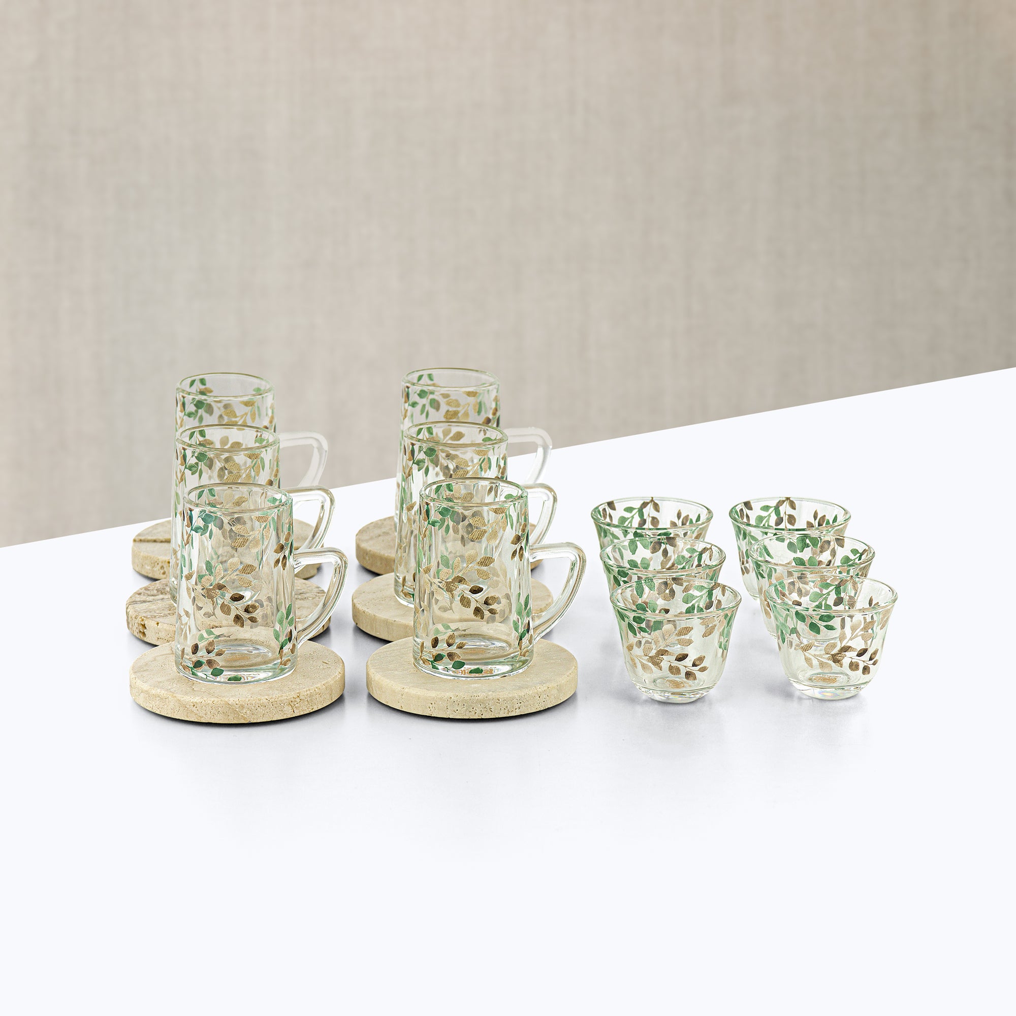 طقم شاي وقهوة عربية المرجان، ١٨ قطعة، زجاج وترافرتين