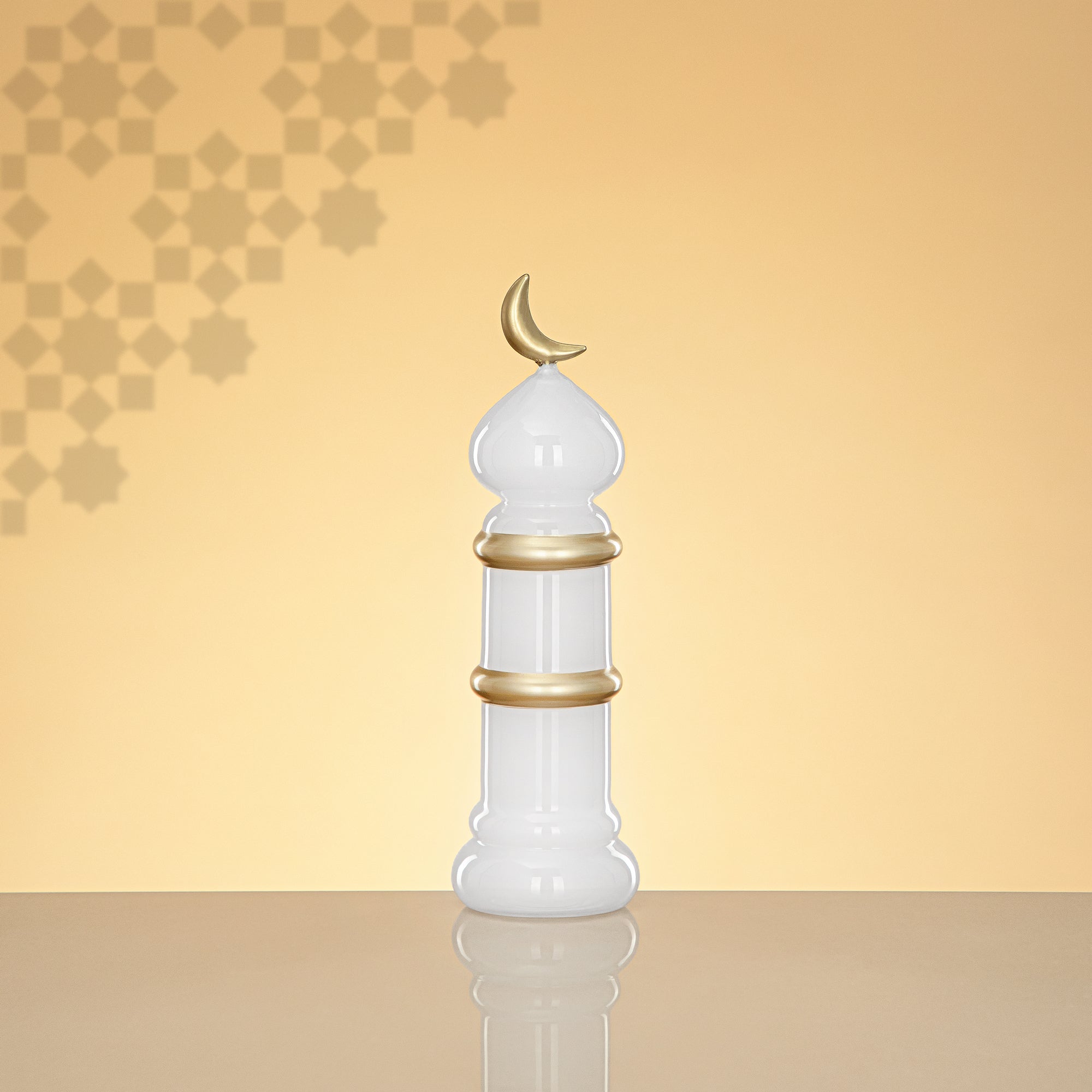 Almarjan Minaret Table Decoration 24cm x 7cm White with Golden Lines & Crescent Moon – Noor Al Layali