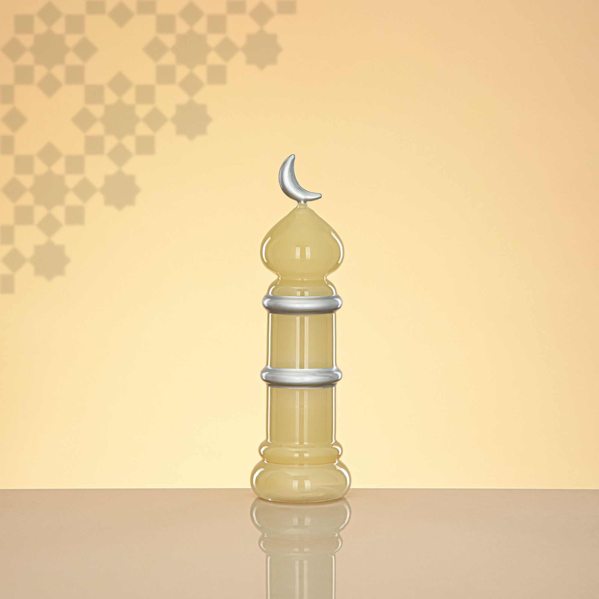 Almarjan Minaret Table Decoration 24cm x 7cm Ivory with Silver Lines & Crescent Moon – Noor Al Layali