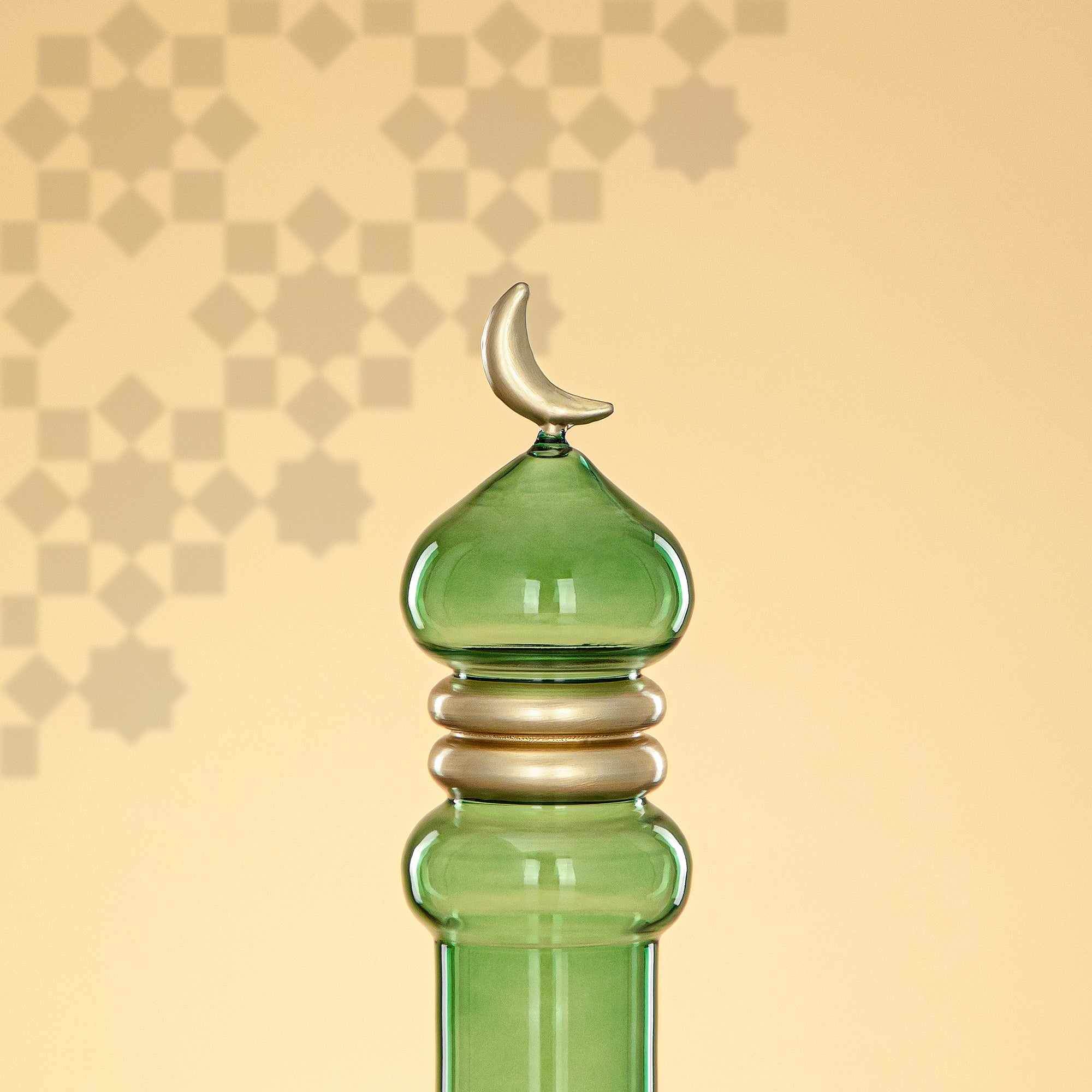 Almarjan Minaret Table Decoration 24cm x 8cm Transparent Green with Golden Lines & Crescent Moon – Noor Al Layali