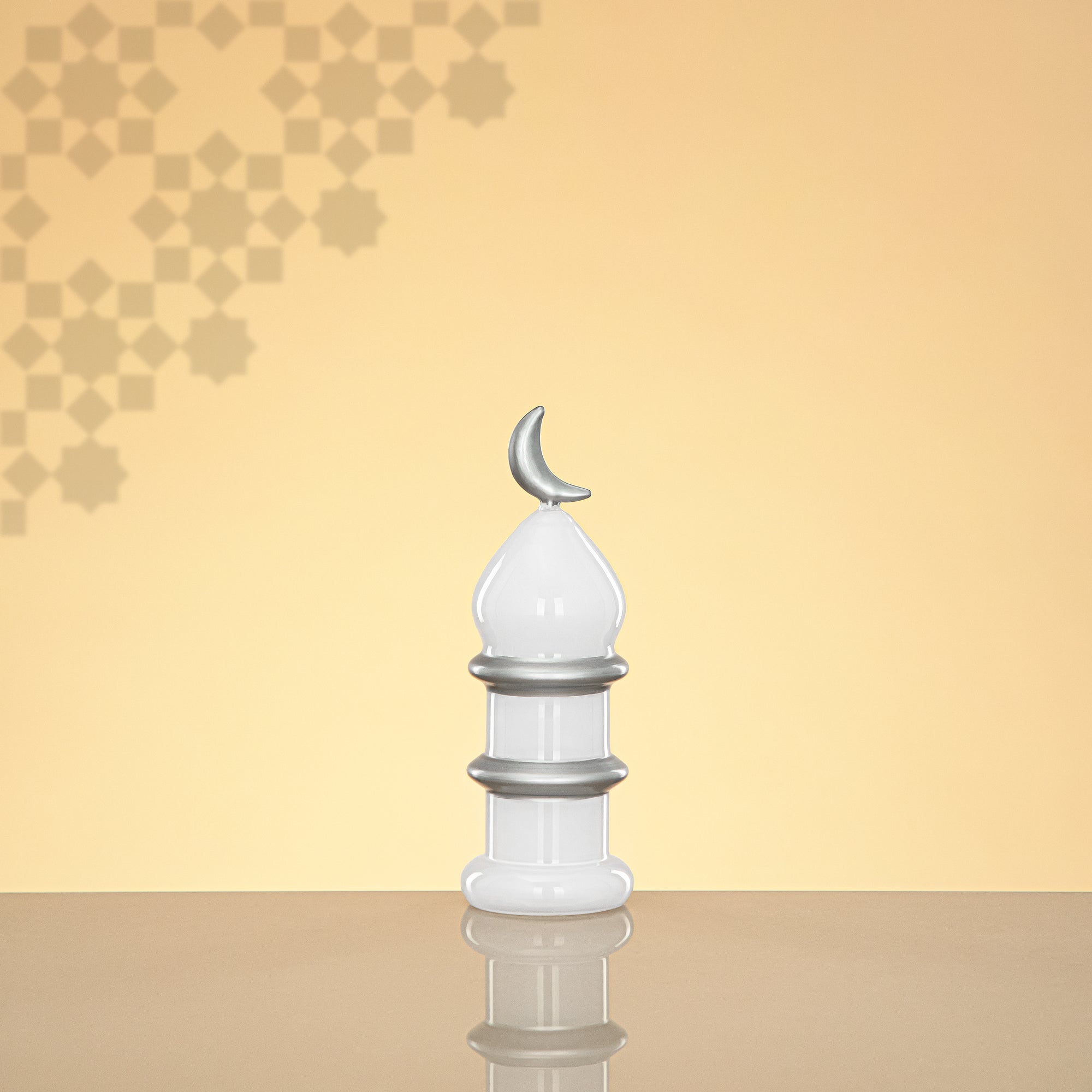 Almarjan Minaret Table Decoration 16.5cm x 6cm White with Silver Lines & Crescent Moon – Noor Al Layali