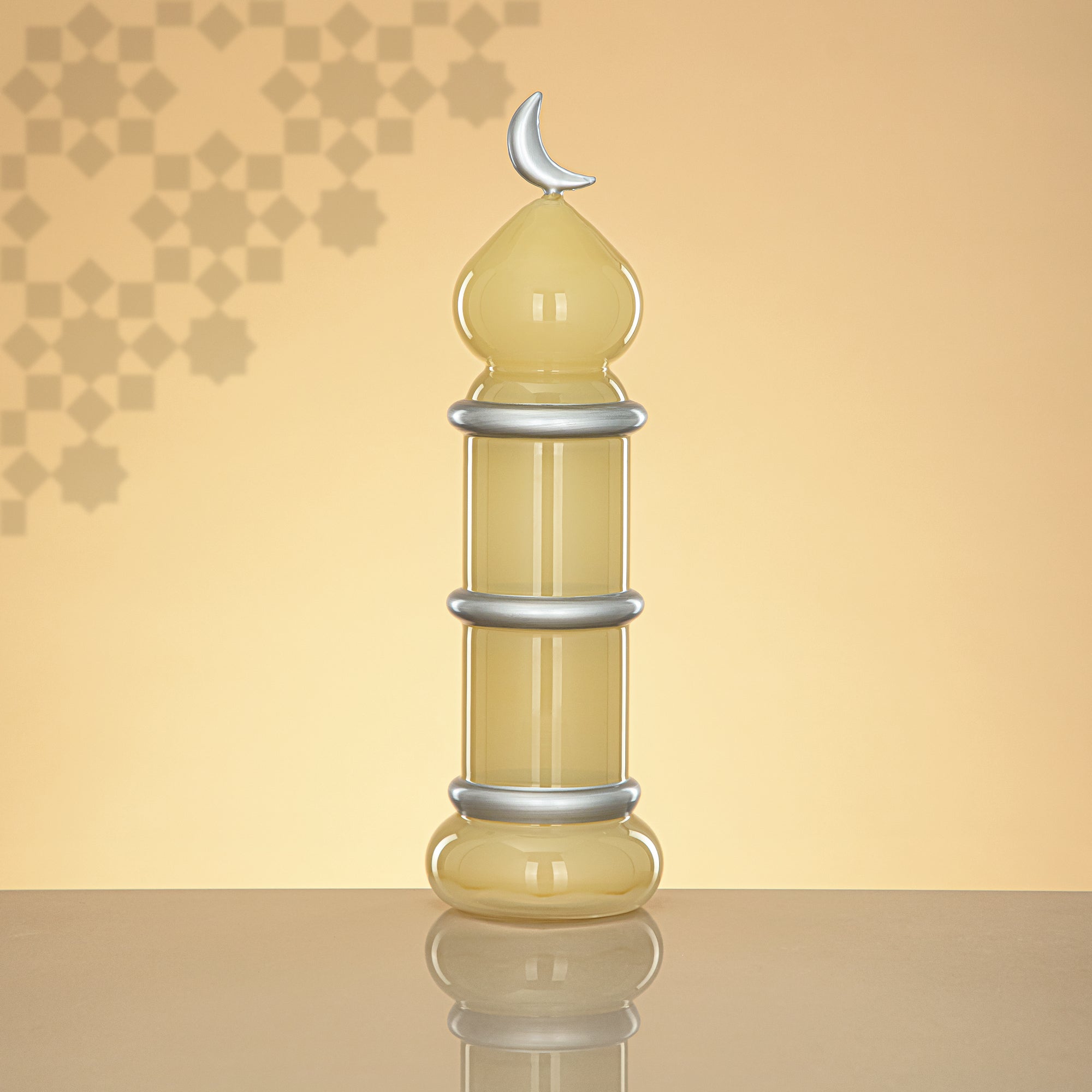 Almarjan Minaret Table Decoration 34cm x 10cm Ivory with Silver Lines & Crescent Moon – Noor Al Layali