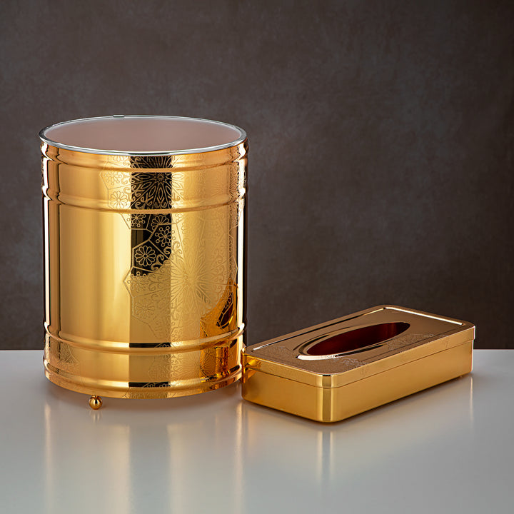 Almarjan 2 Pieces Dustbin & Tissue Box Set Gold - HT2305018