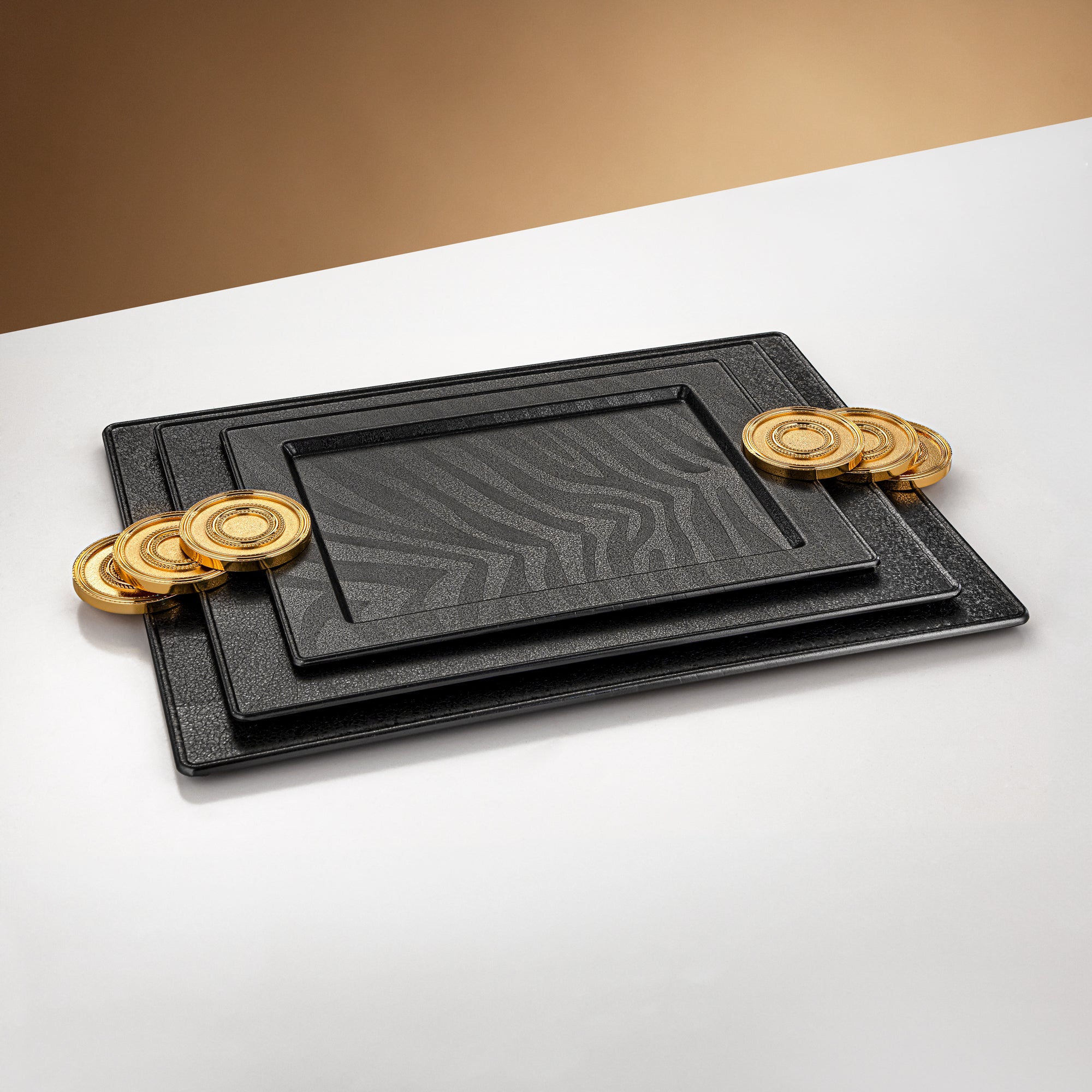 Almarjan Serving Tray Set Black & Gold Crackle (3 Pieces)