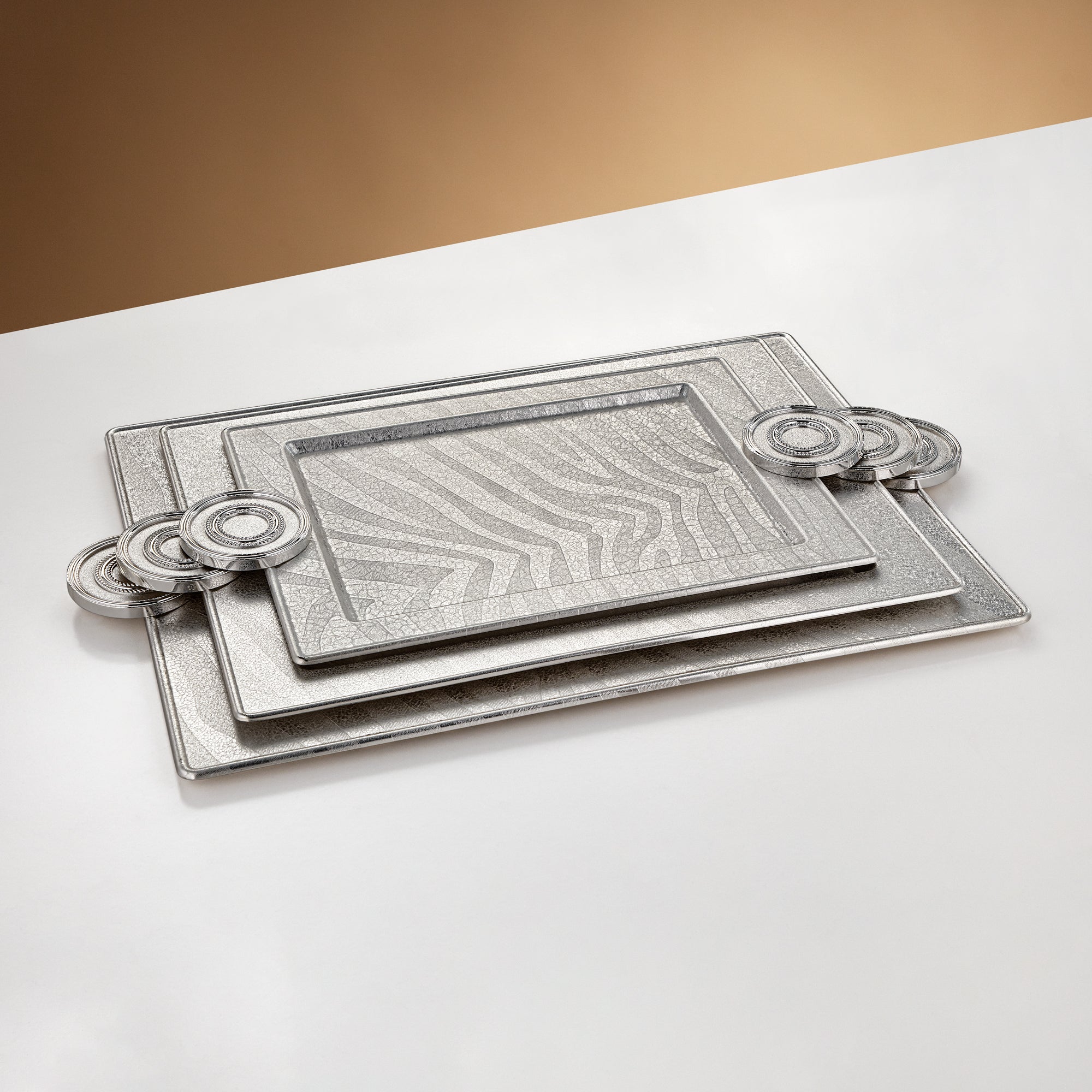Almarjan Serving Tray Set Silver Crackle (3 Pieces)