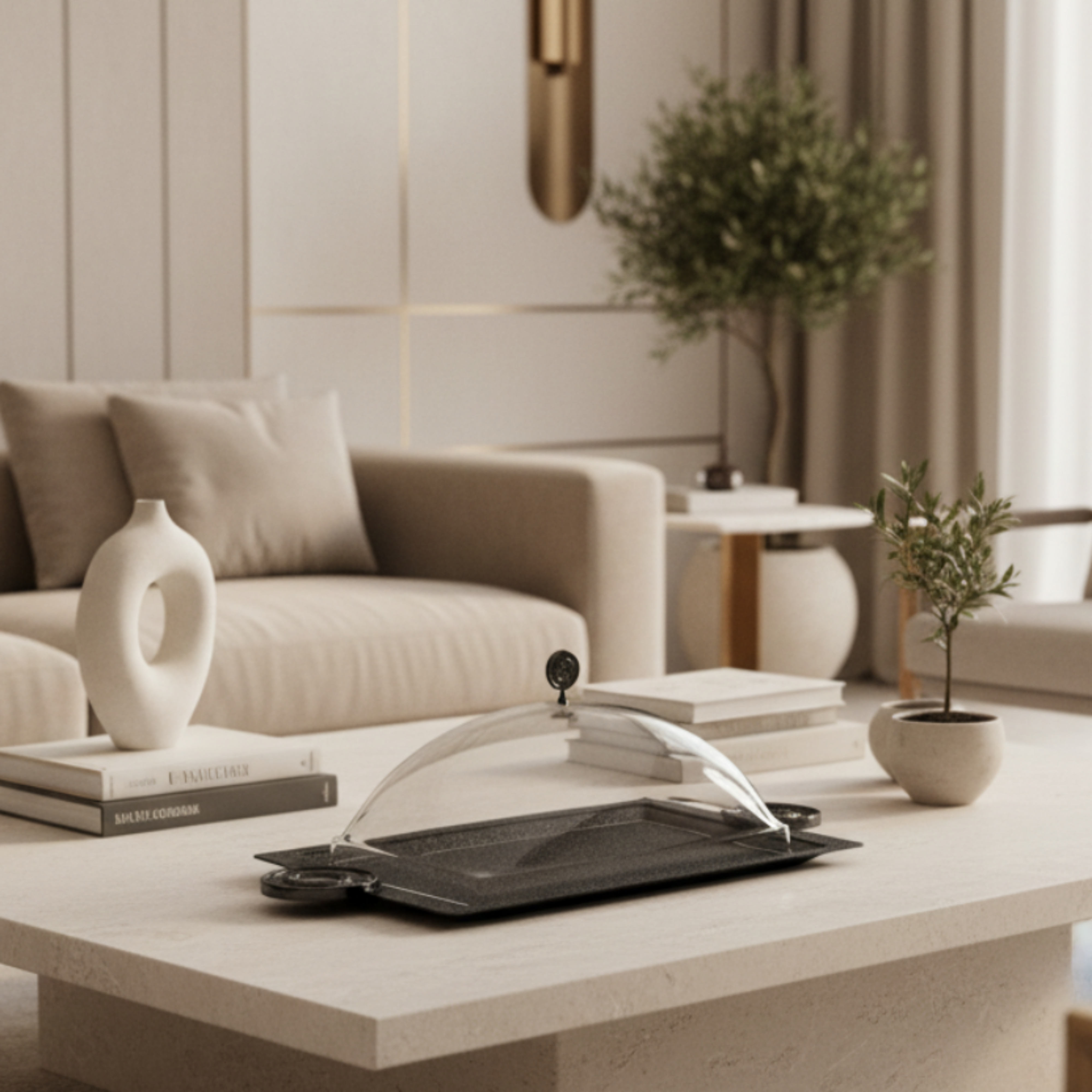 Almarjan Serving Tray with Cover 49 cm Black Crackle