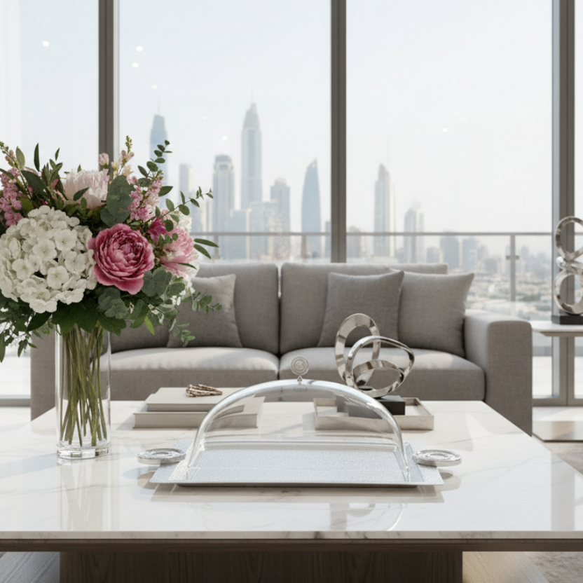 Almarjan Serving Tray with Cover 53 cm Silver Crackl