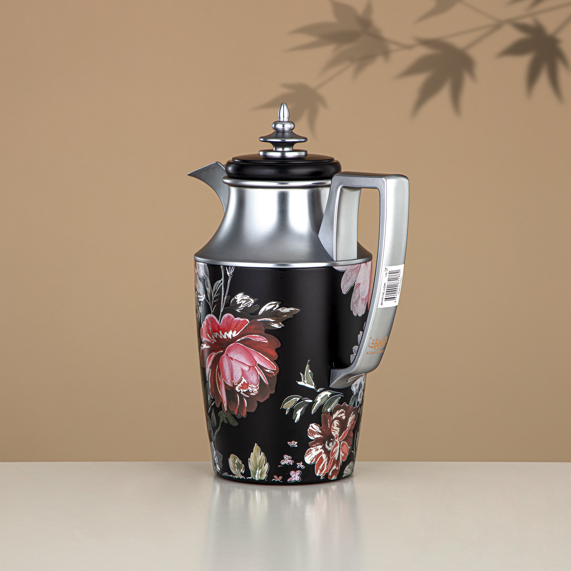ألمرجان طقم ترامس، زر ضغط، 1 لتر + 1 لتر، مزهر وفضي غير لامع (JBH10T/10C-AZ04S) - شاي وقهوة ترمس